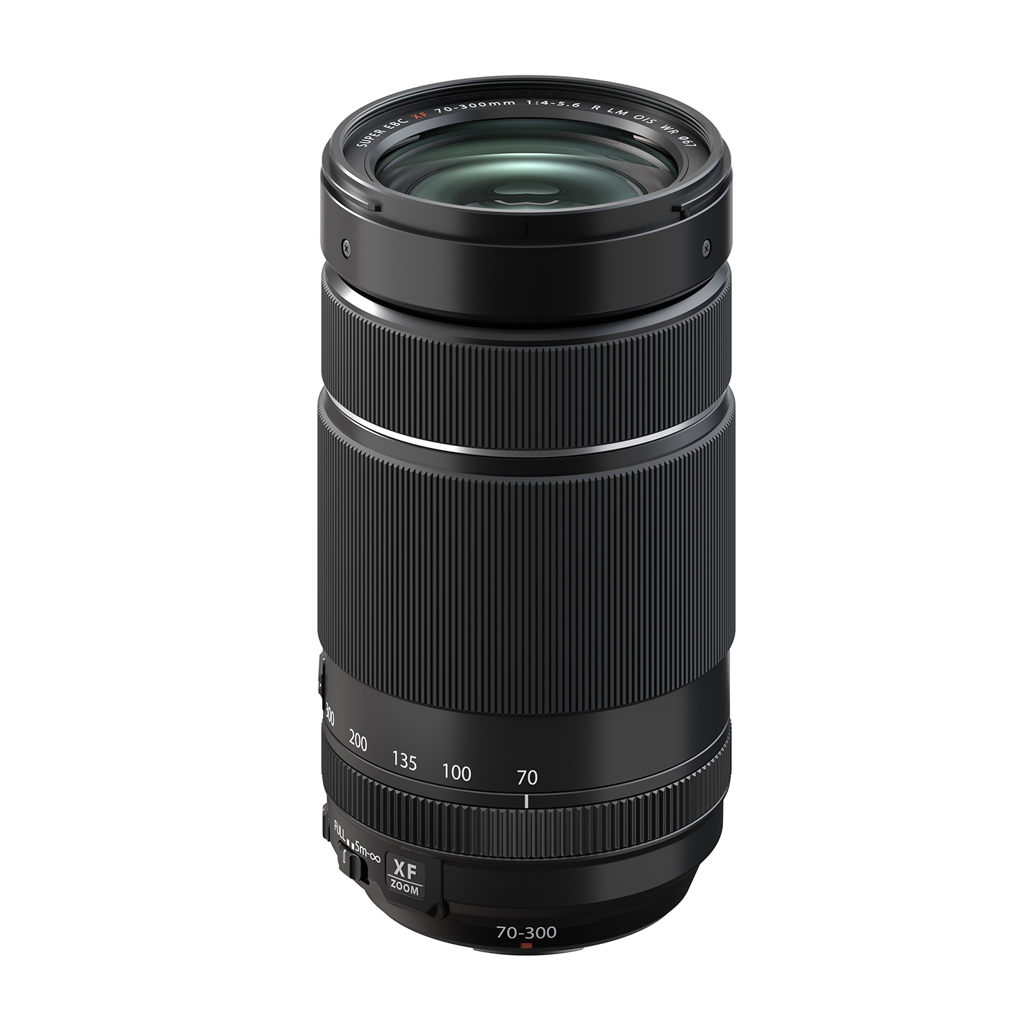 Czarny obiektyw aparatu z pierścieniem zoomu i oznaczeniami ogniskowej.