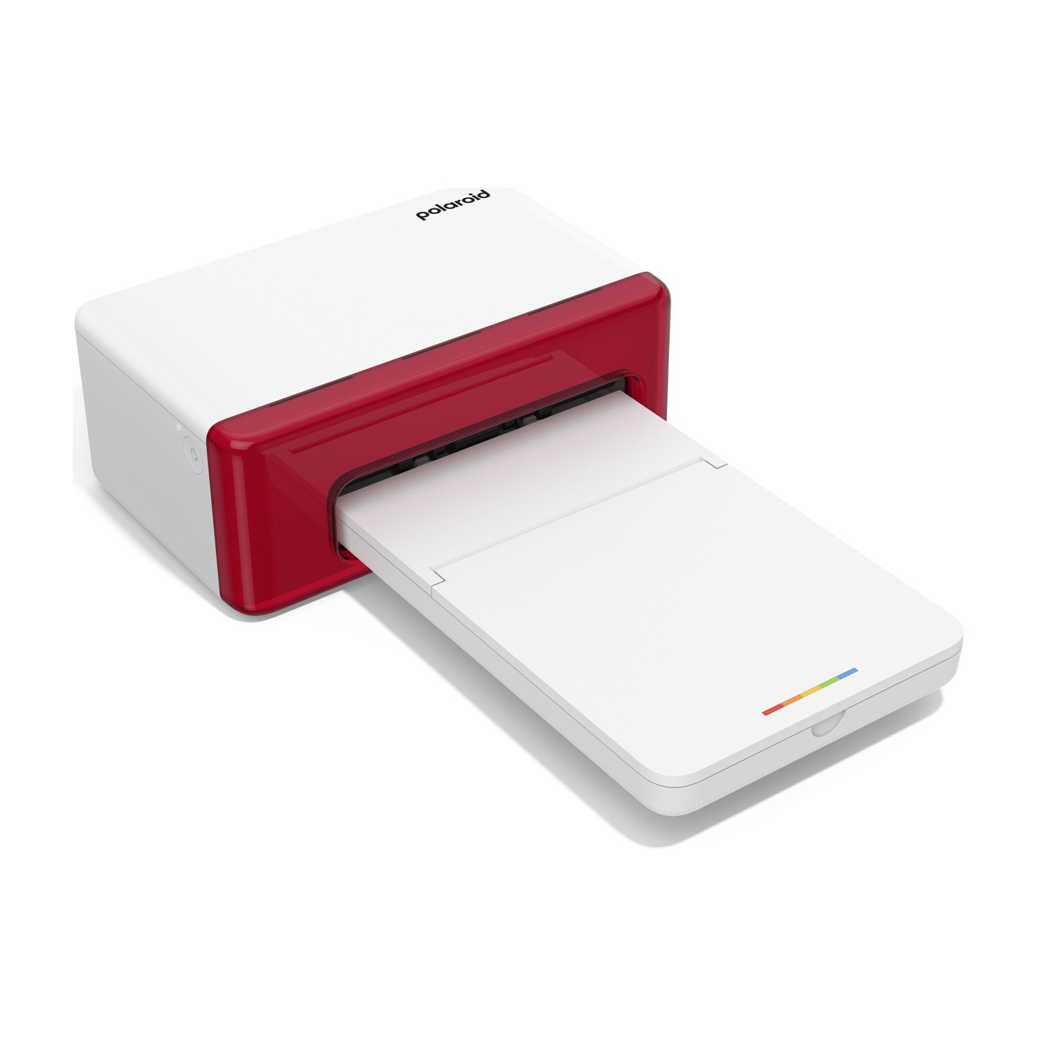 Una stampante Polaroid bianca con accento rosso e vassoio carta esteso.