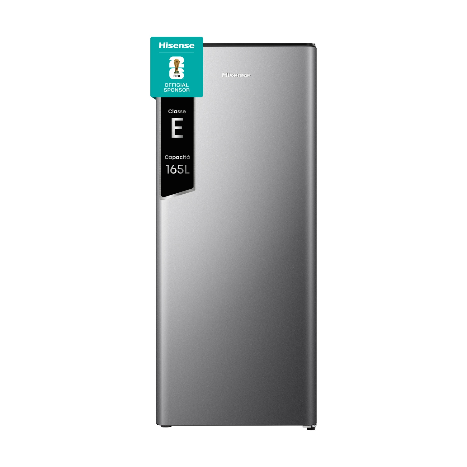Refrigerador Hisense plateado con logo FIFA y clase energética E.