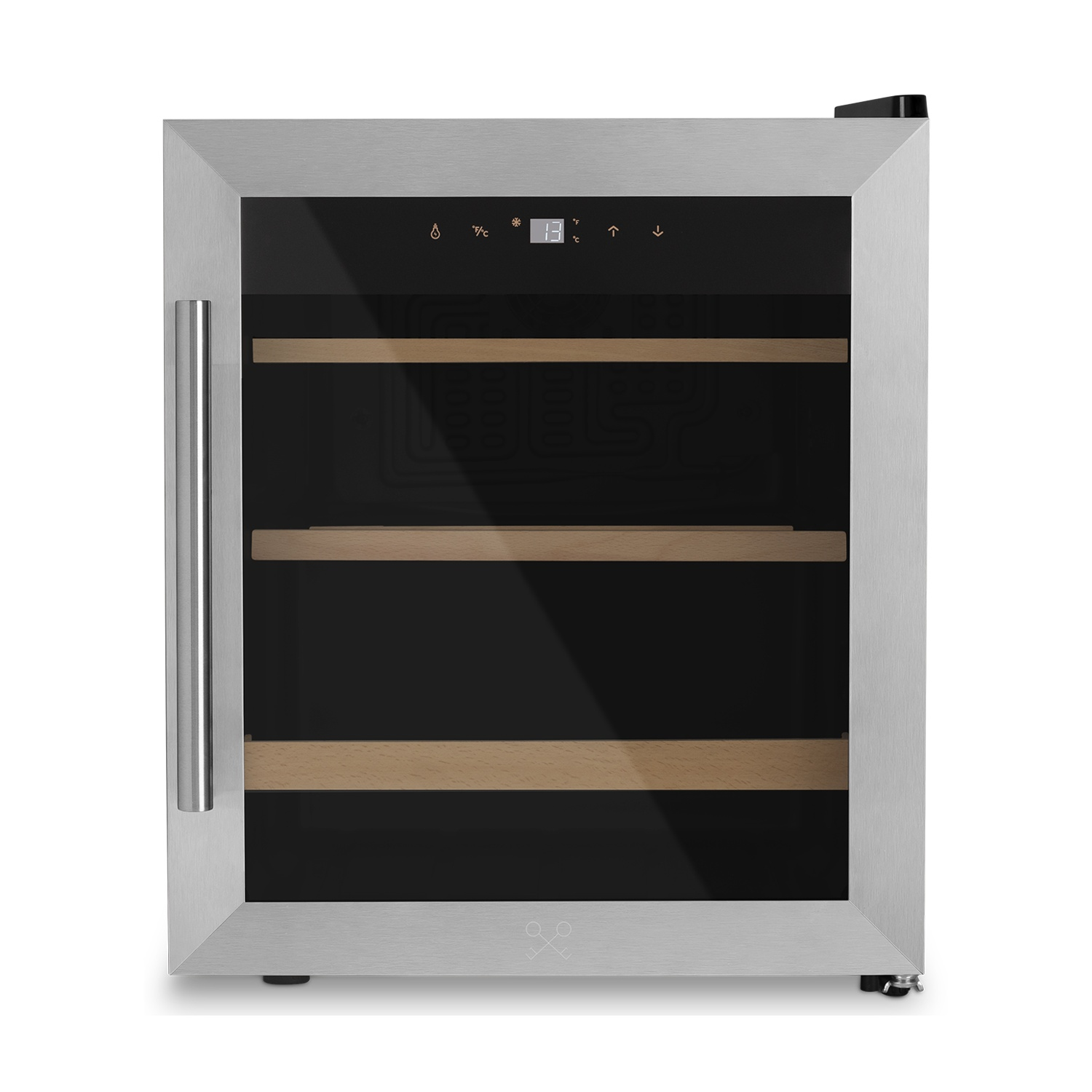 Ein silberner Weinkühlschrank mit Glastür und Holzböden.