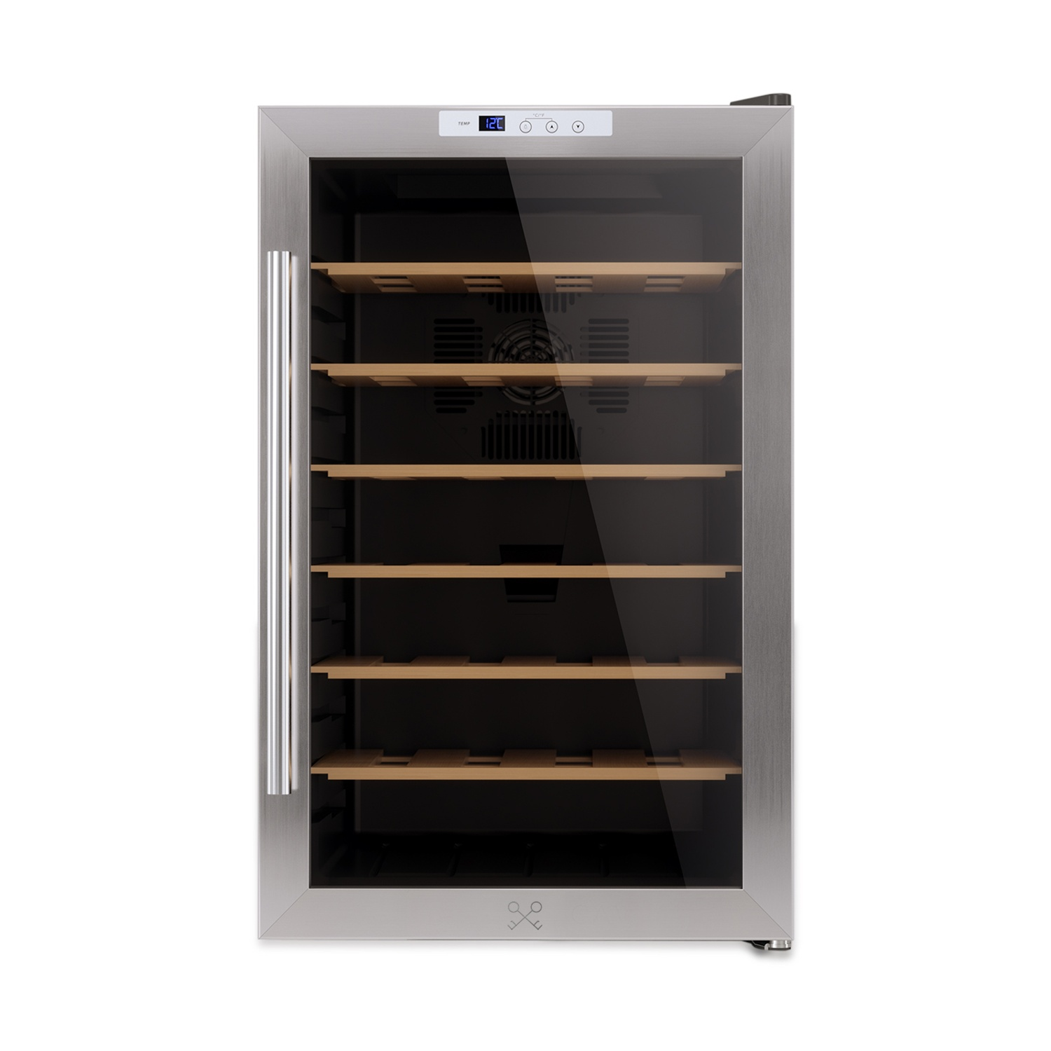 Ein silberner Weinkühlschrank mit Glastür und Holzböden.