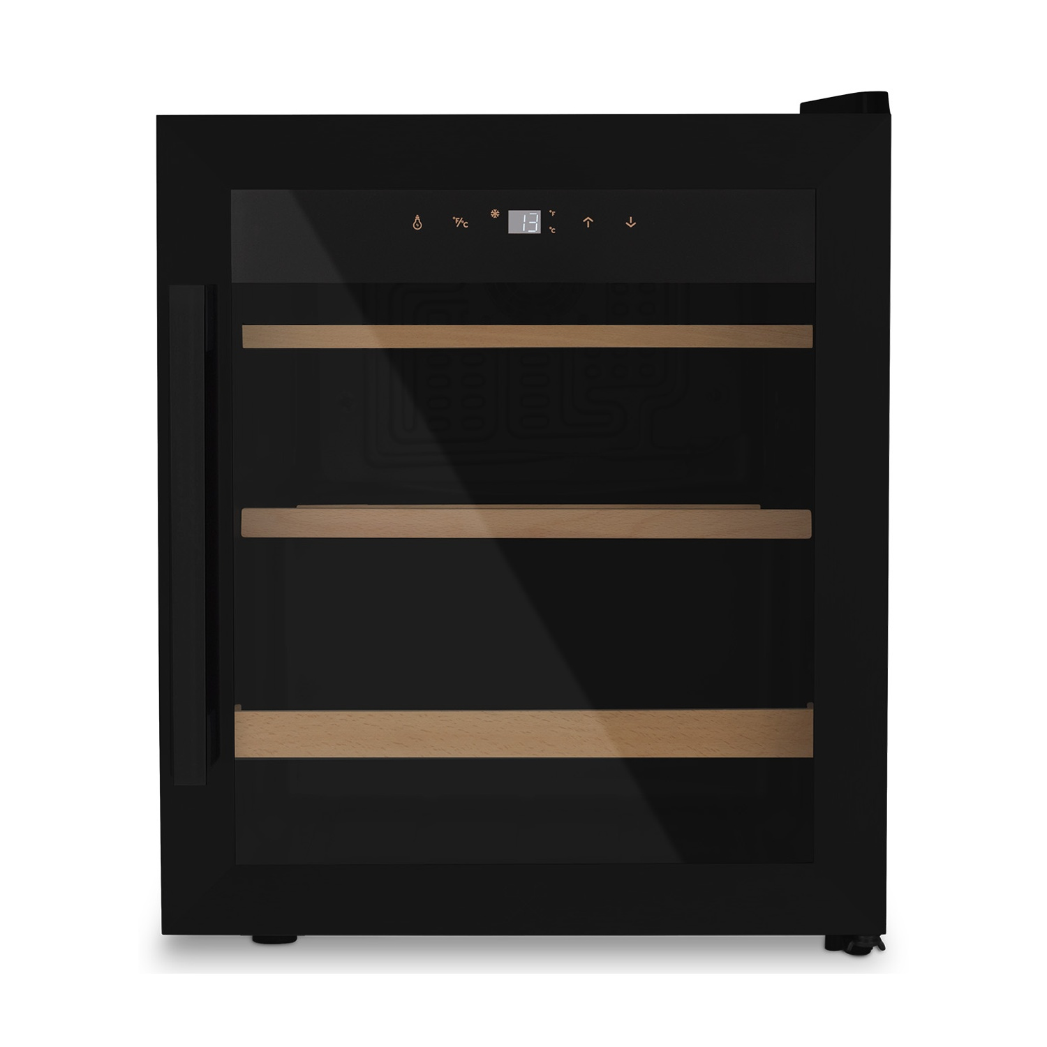 Schwarzer Weinkühlschrank mit Glastür, Holzböden und digitaler Temperaturanzeige.