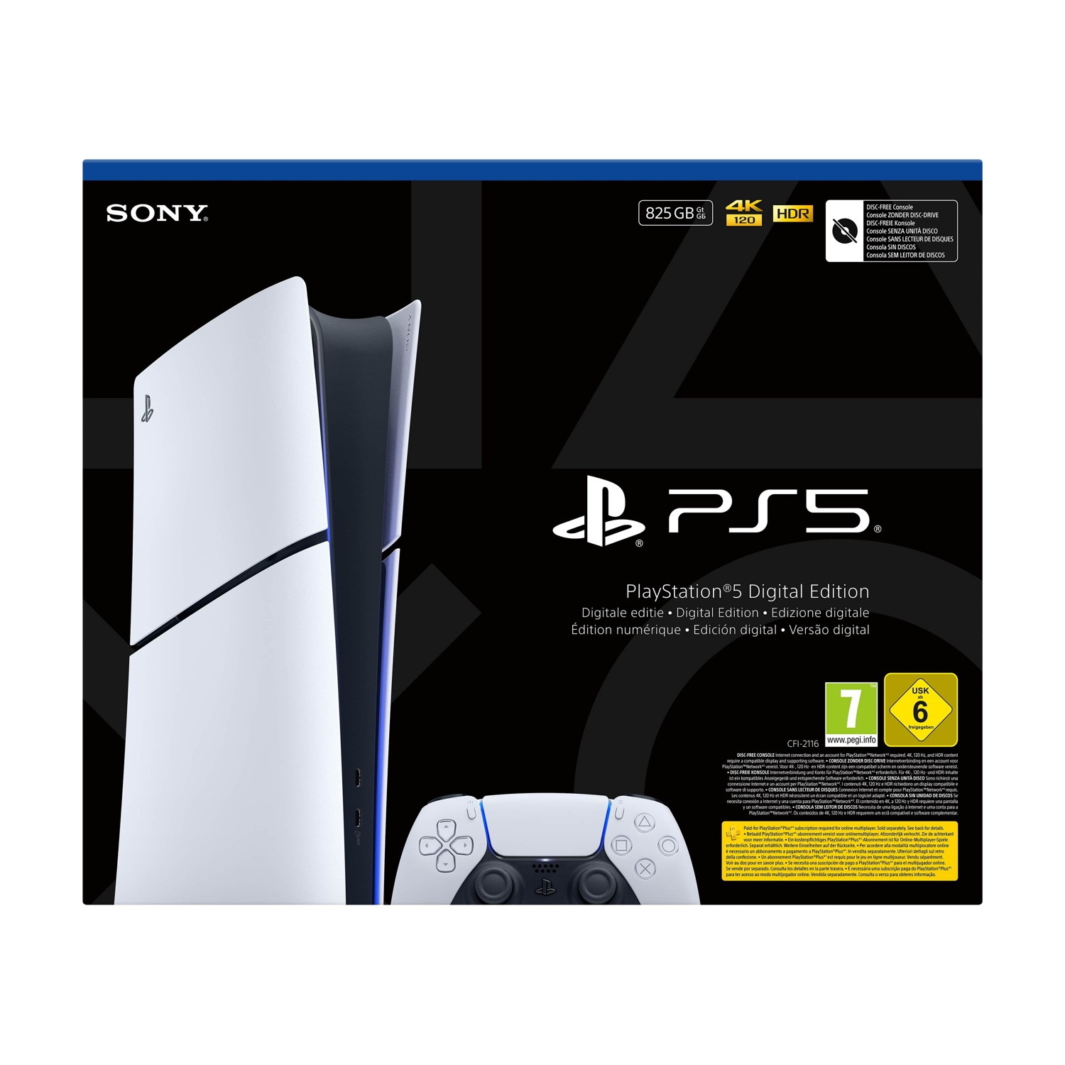 Konsola Sony PlayStation 5 Digital Edition z kontrolerem i opakowaniem.
