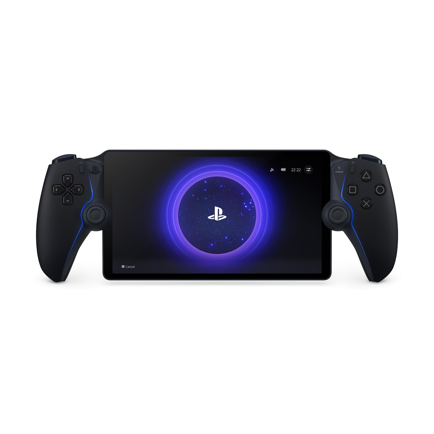 Czarny PlayStation Portal z niebieskim podświetlanym pierścieniem i logo PS.