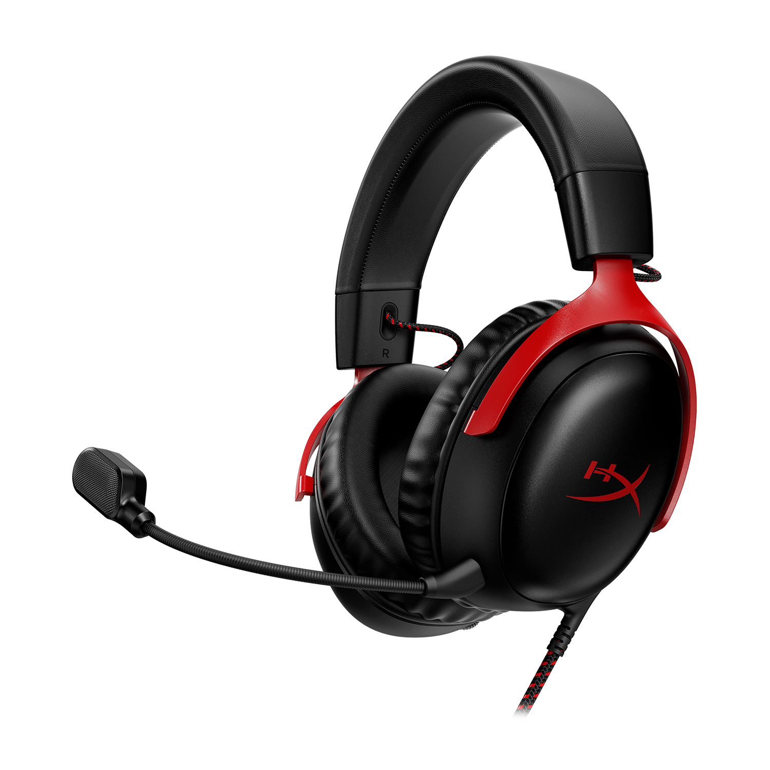 Cuffie da gaming nere con accenti rossi e microfono, su sfondo bianco.
