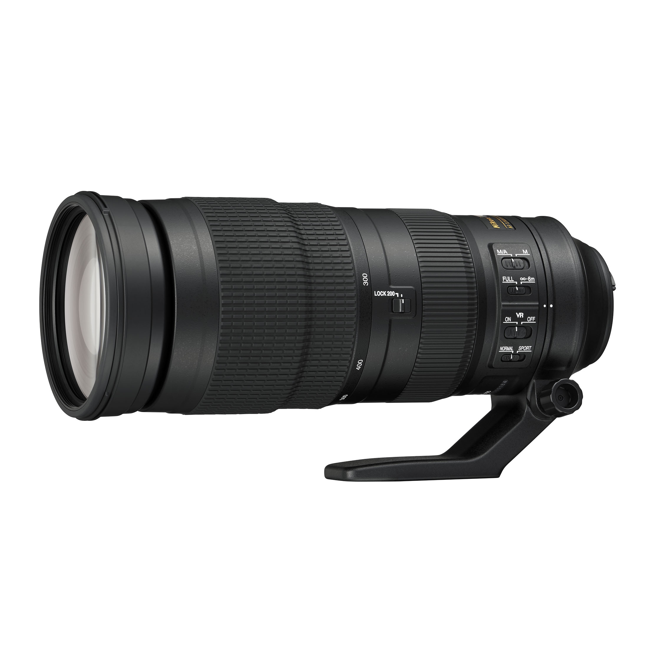 Schwarzes Kameraobjektiv mit Zoomring, Fokusring und Bedienelementen.
