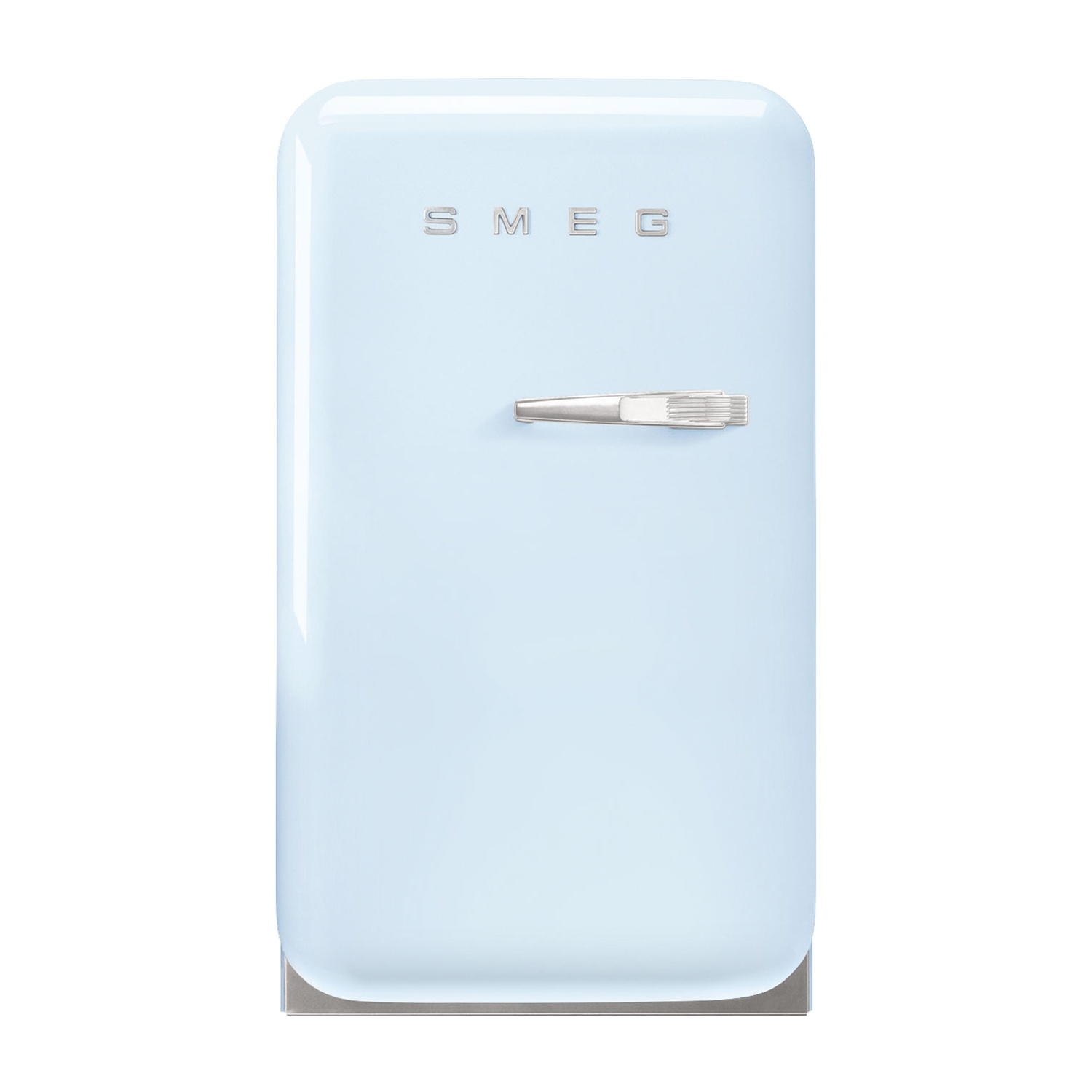 Ein hellblaues SMEG-Kühlschrank-Modell mit silbernem Griff und Logo.
