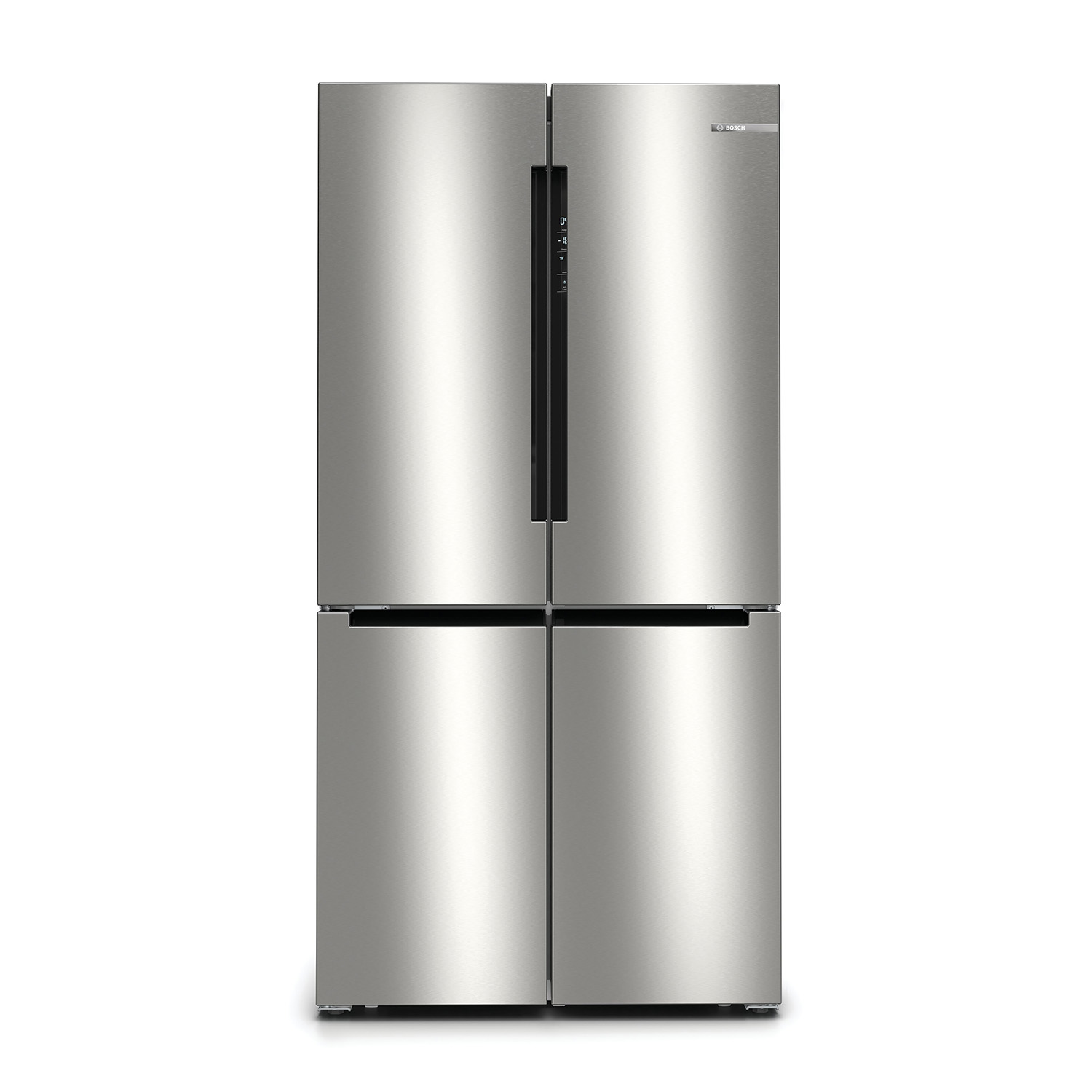 Un refrigerador plateado de cuatro puertas con pantalla táctil.