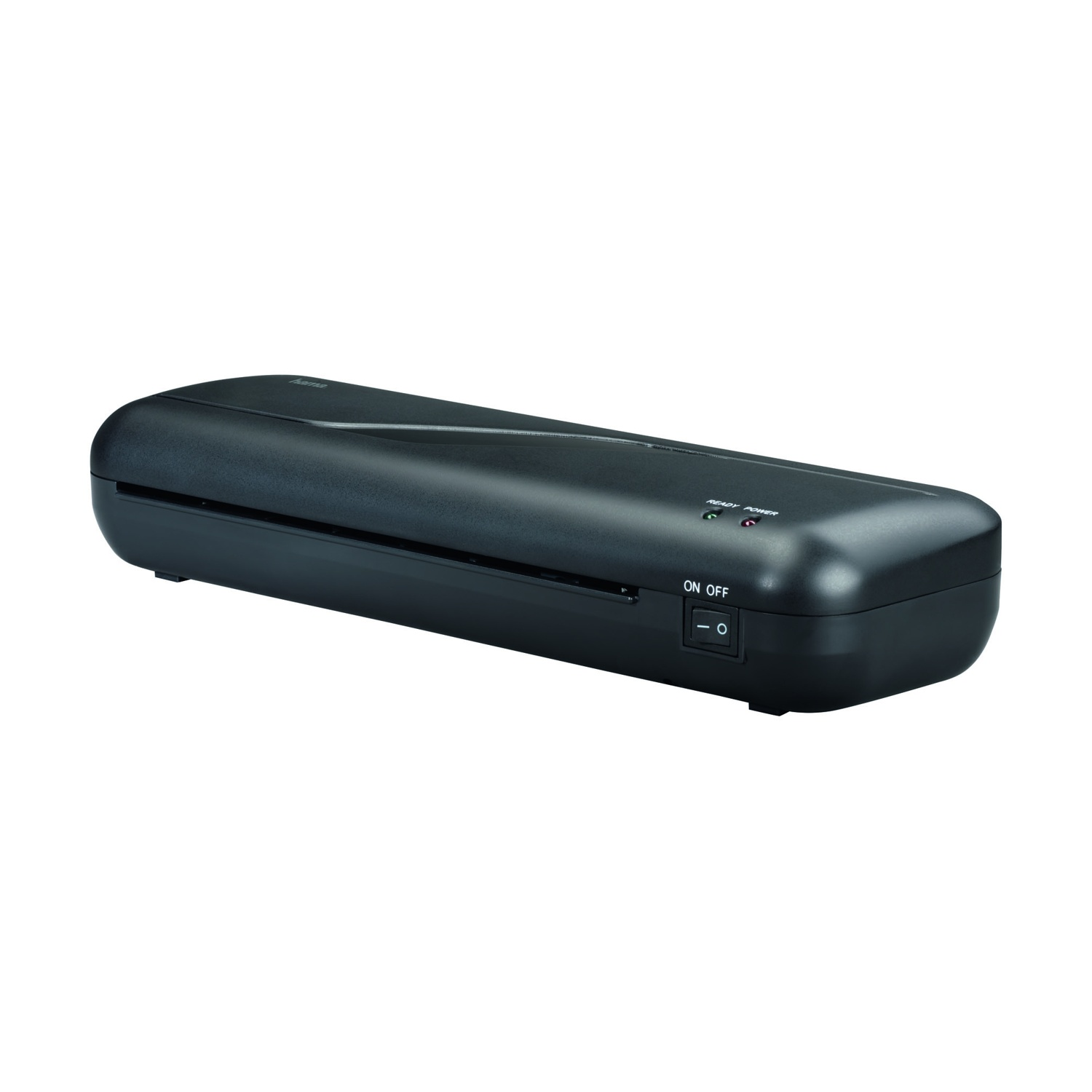 Ein schwarzer Aktenlaminator mit Ein-/Ausschalter und Ladeanzeigen.