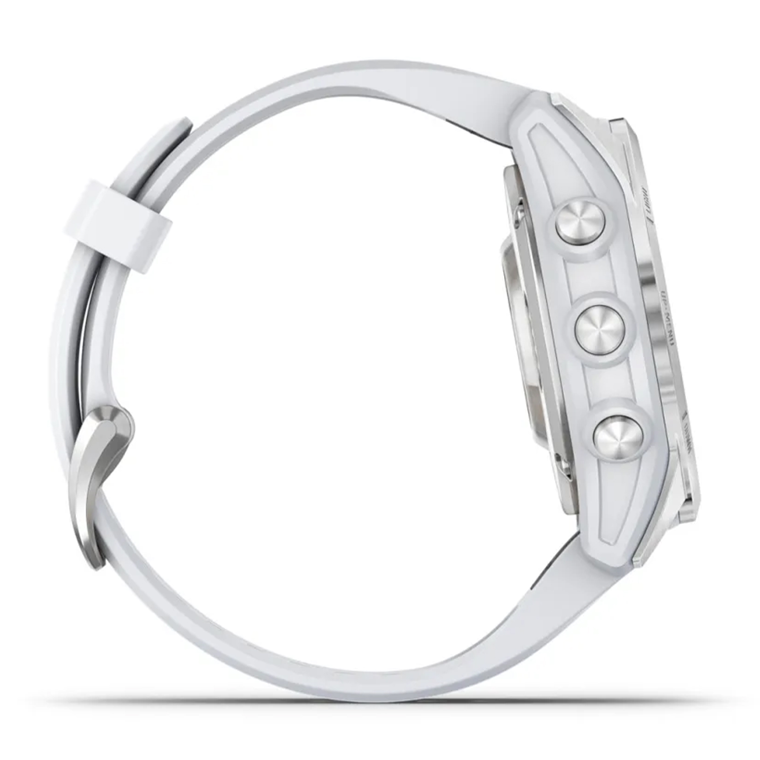 Biały smartwatch z srebrnymi przyciskami i białym paskiem, widziany z boku.