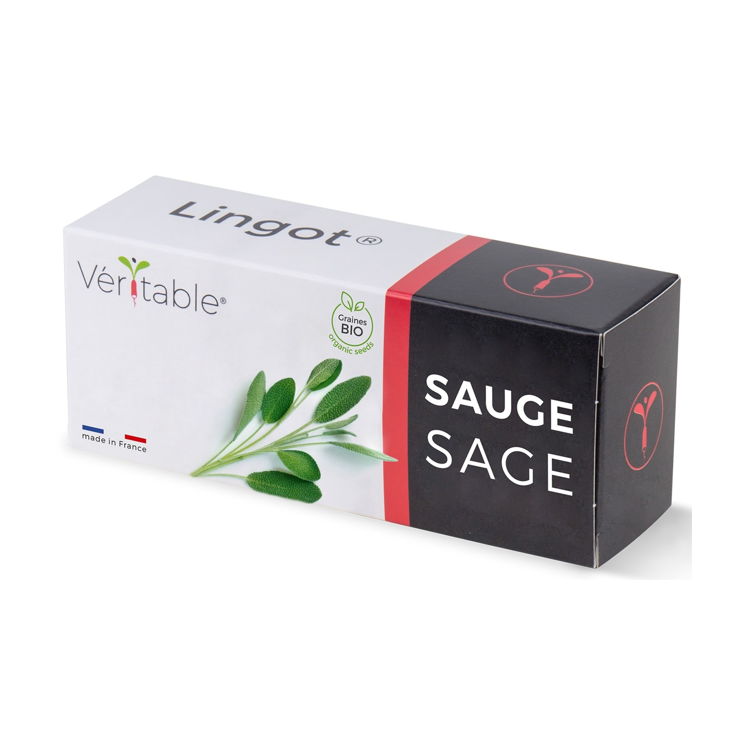 Scatola Veritable Lingot: Bianca con striscia rossa, mostra foglie di salvia e testo.