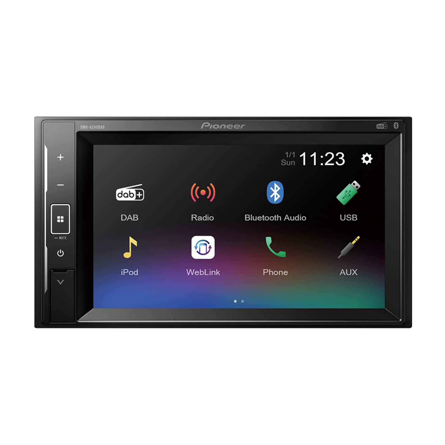 Pioneer Autoradio mit Touchscreen, zeigt DAB, Radio, Bluetooth, USB, iPod, Weblink, Telefon, AUX.