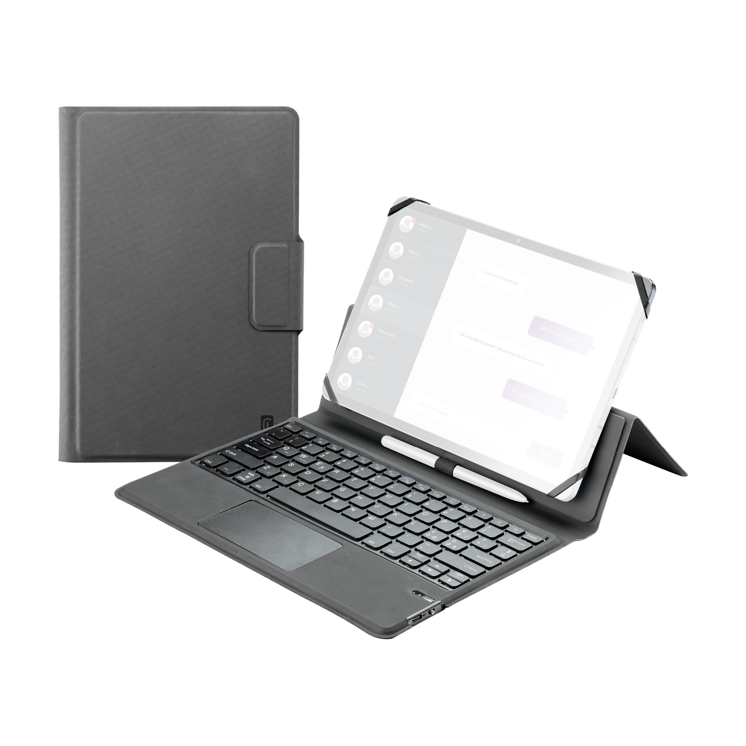 Ein graues Tablet mit Tastatur und Stift. Eine Hülle liegt daneben.
