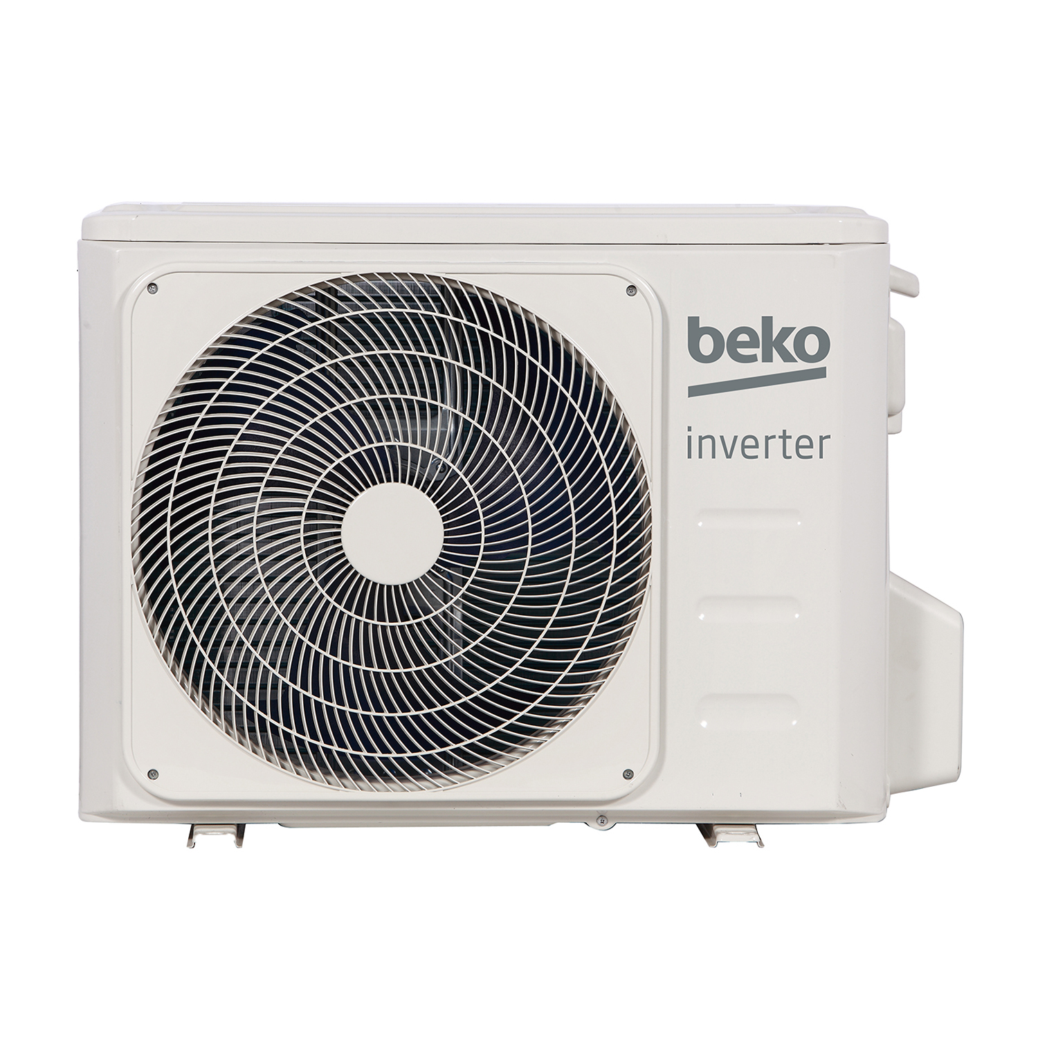 Unità esterna condizionatore Beko bianca con grande griglia ventola e logo.