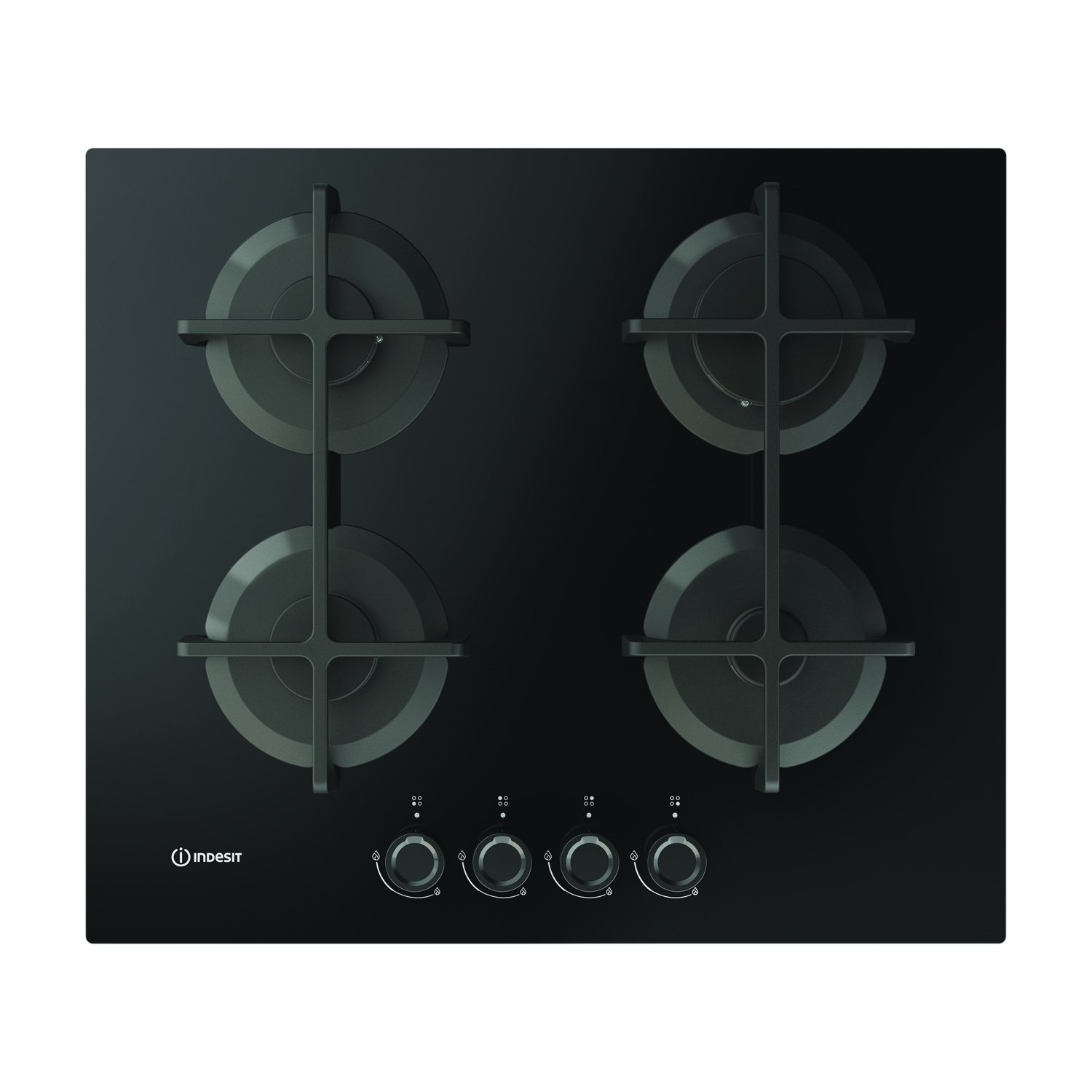 Czarna płyta gazowa z czterema palnikami i pokrętłami na dole.