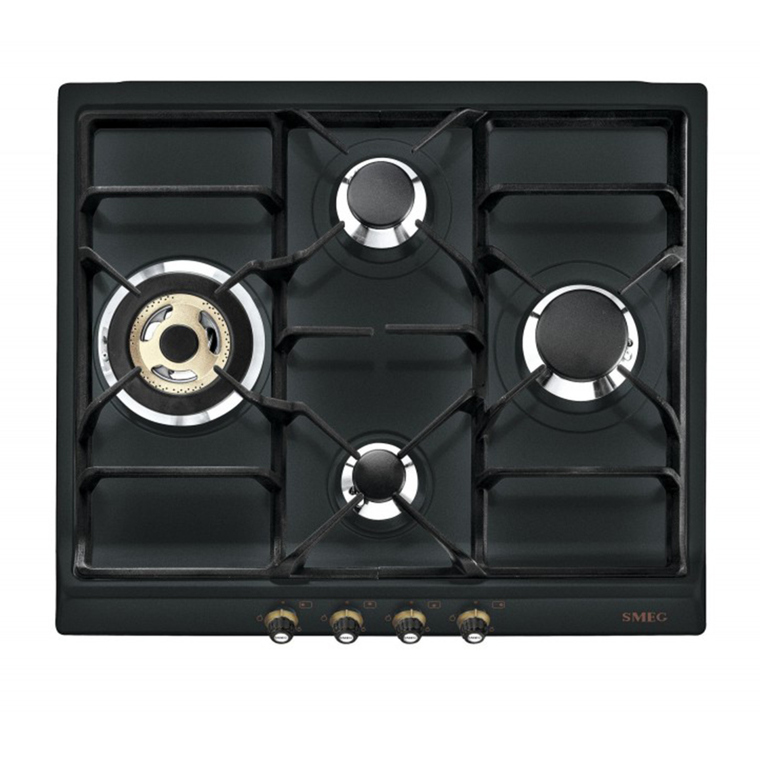 Czarna płyta gazowa z czterema palnikami, metalowymi rusztami i pokrętłami.