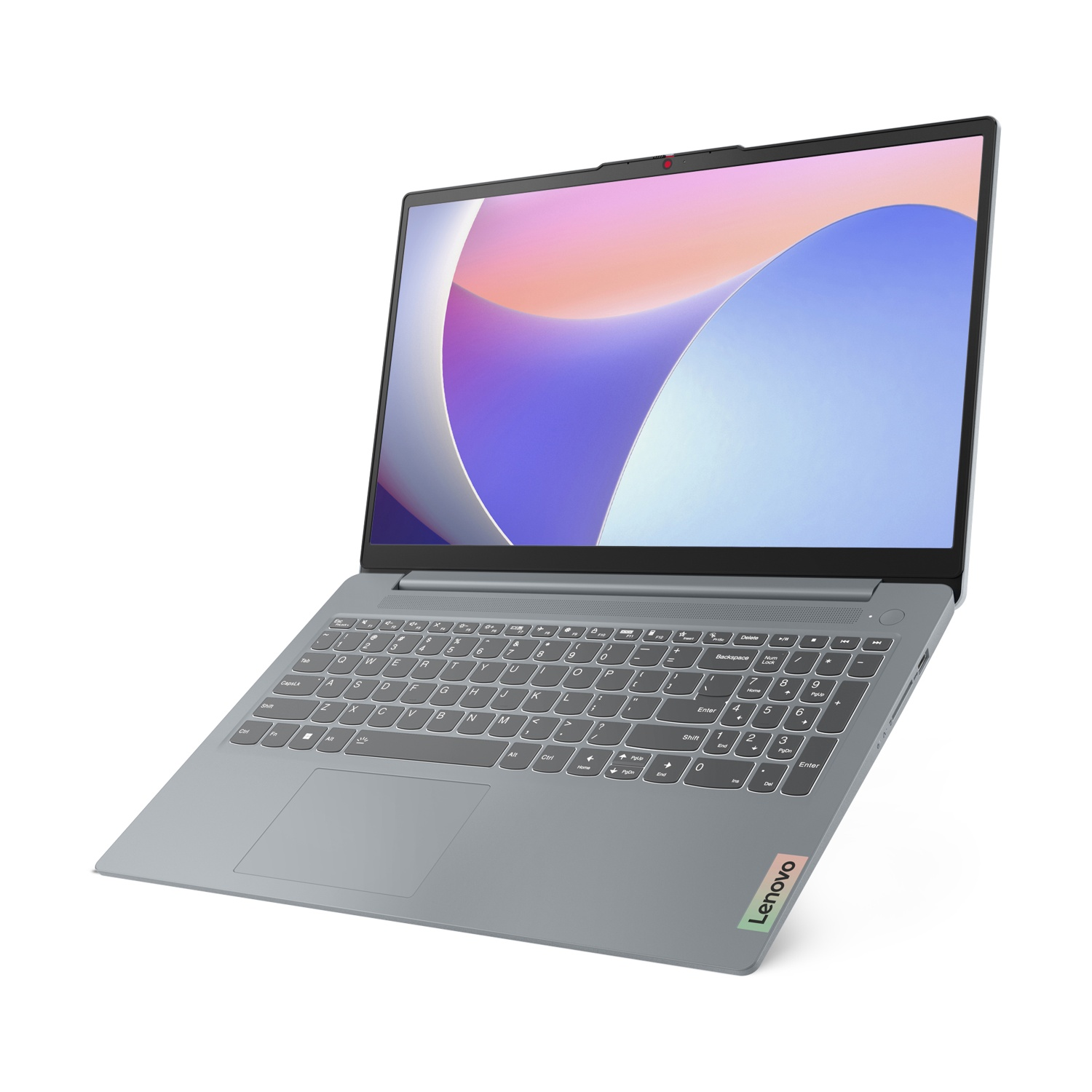 Un laptop grigio con tastiera e schermo. Logo Lenovo in basso a destra.