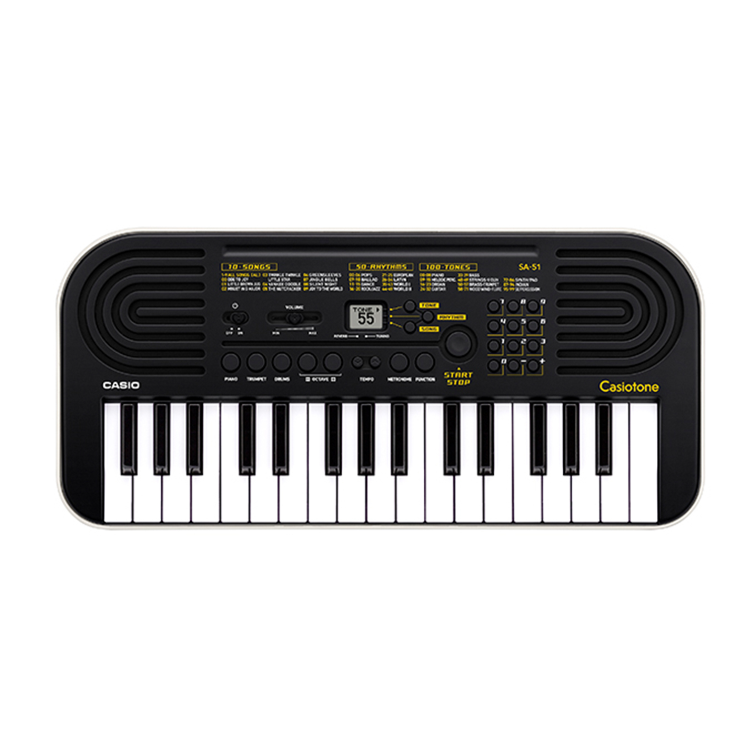 Czarna klawiatura Casio SA-51 z białymi klawiszami i panelem sterowania.