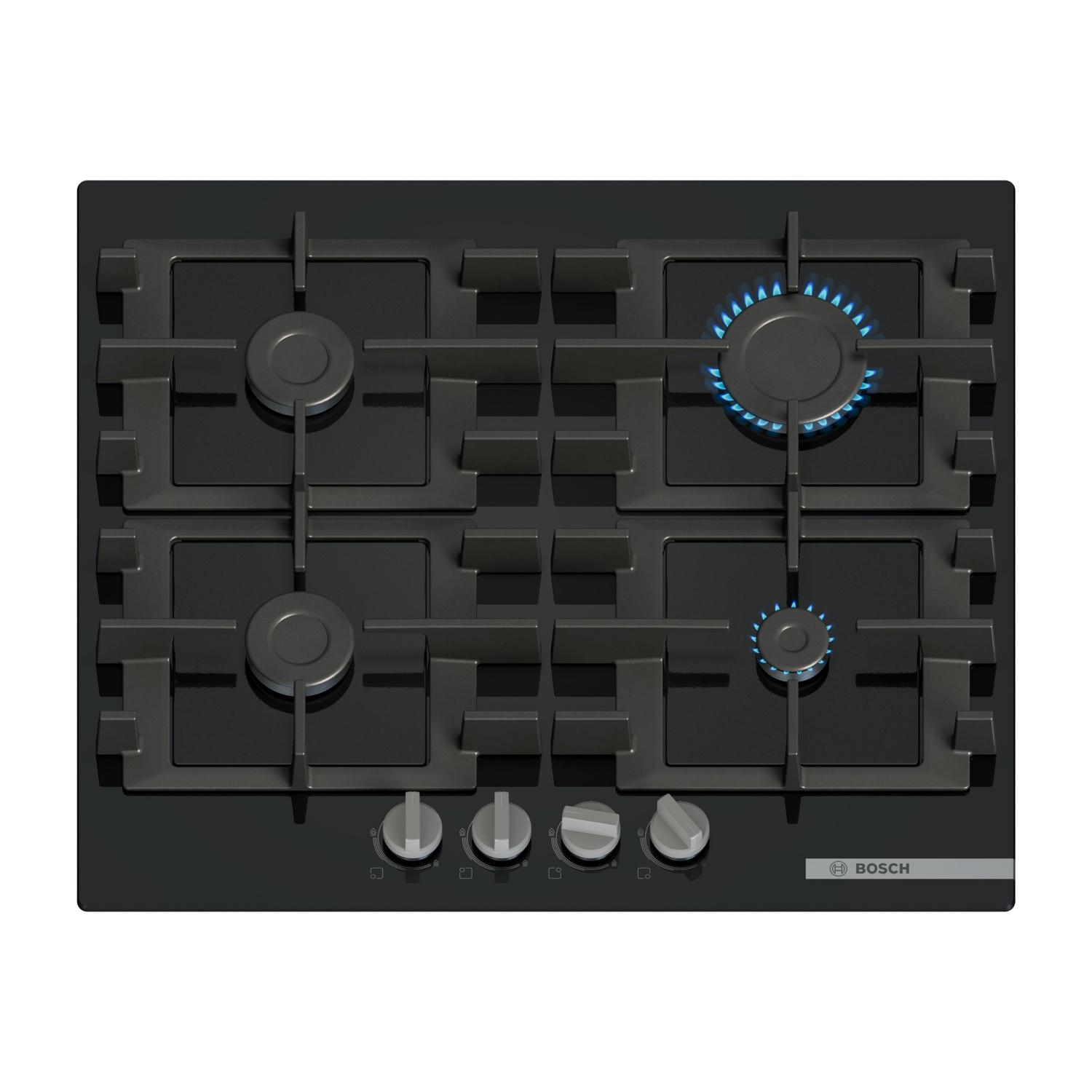 Czarna płyta gazowa z czterema palnikami, dwa palą się niebieskimi płomieniami.