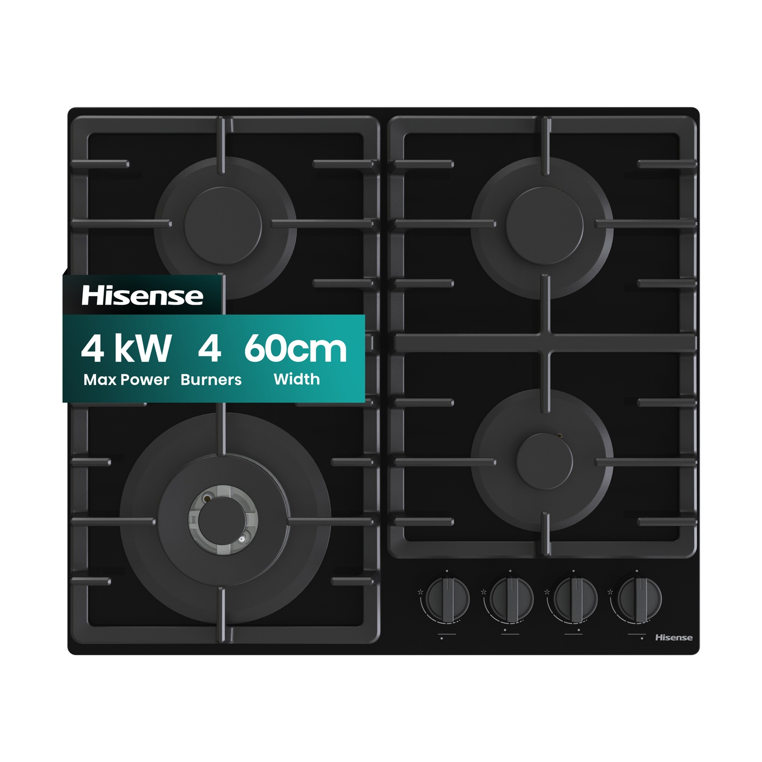 Czarna płyta gazowa z czterema palnikami i logo Hisense. Moc 4 kW, szerokość 60 cm.