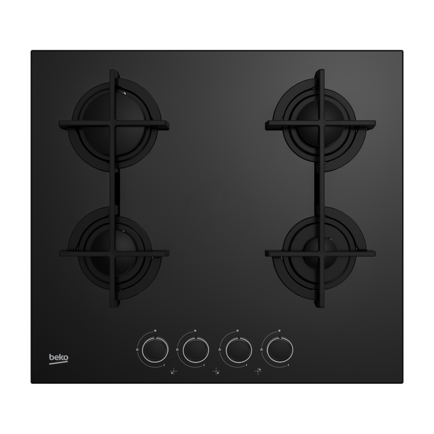 Czarna płyta gazowa z czterema palnikami i pokrętłami.