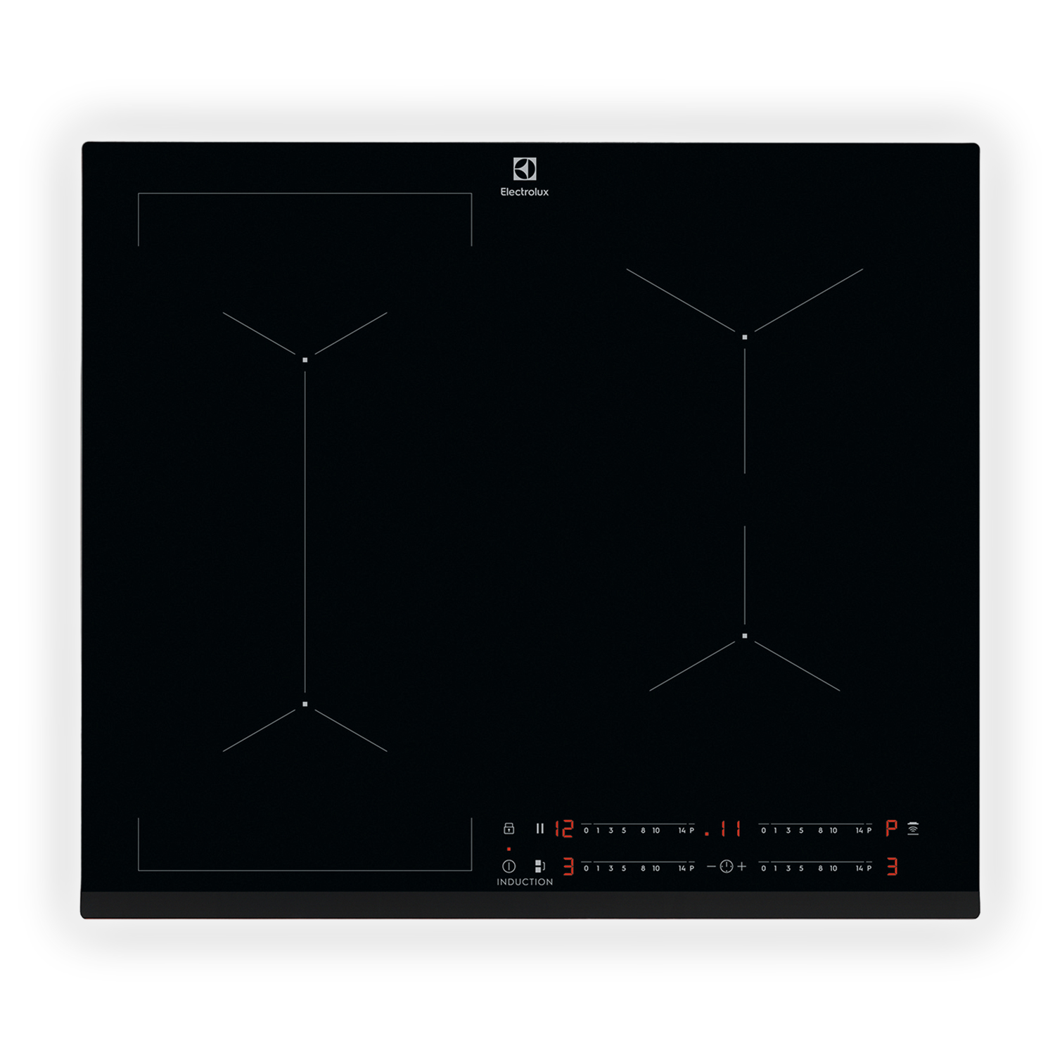 Placa de inducción negra con dos zonas de cocción y controles digitales.
