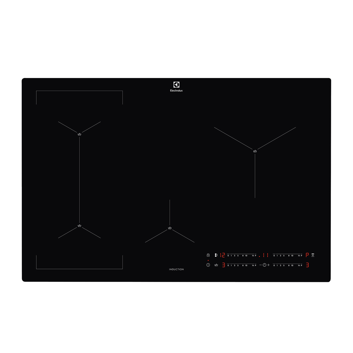 Czarna płyta indukcyjna Electrolux z trzema strefami gotowania i cyfrowymi kontrolkami.