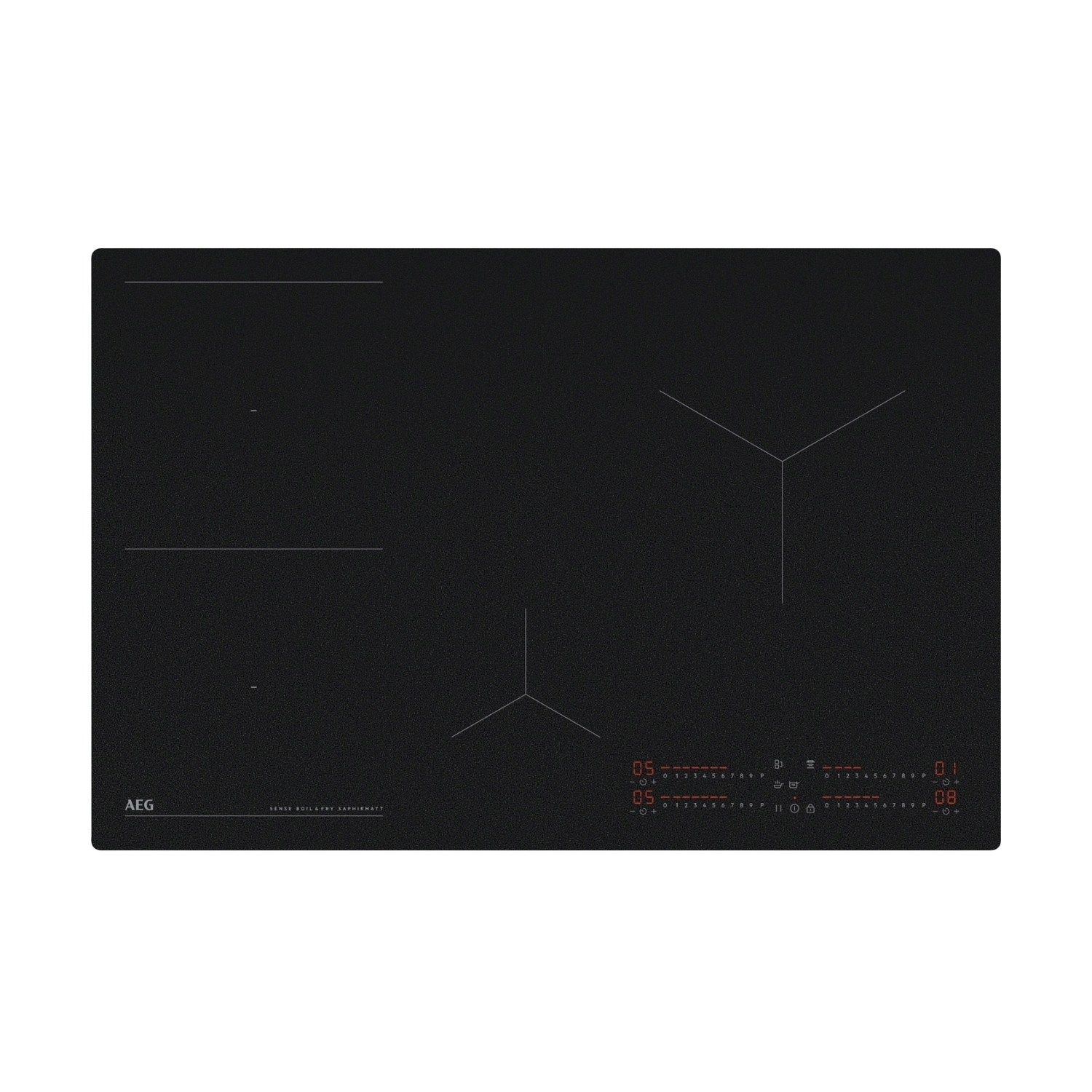 Czarna płyta indukcyjna z panelami dotykowymi i cyfrowymi wyświetlaczami.