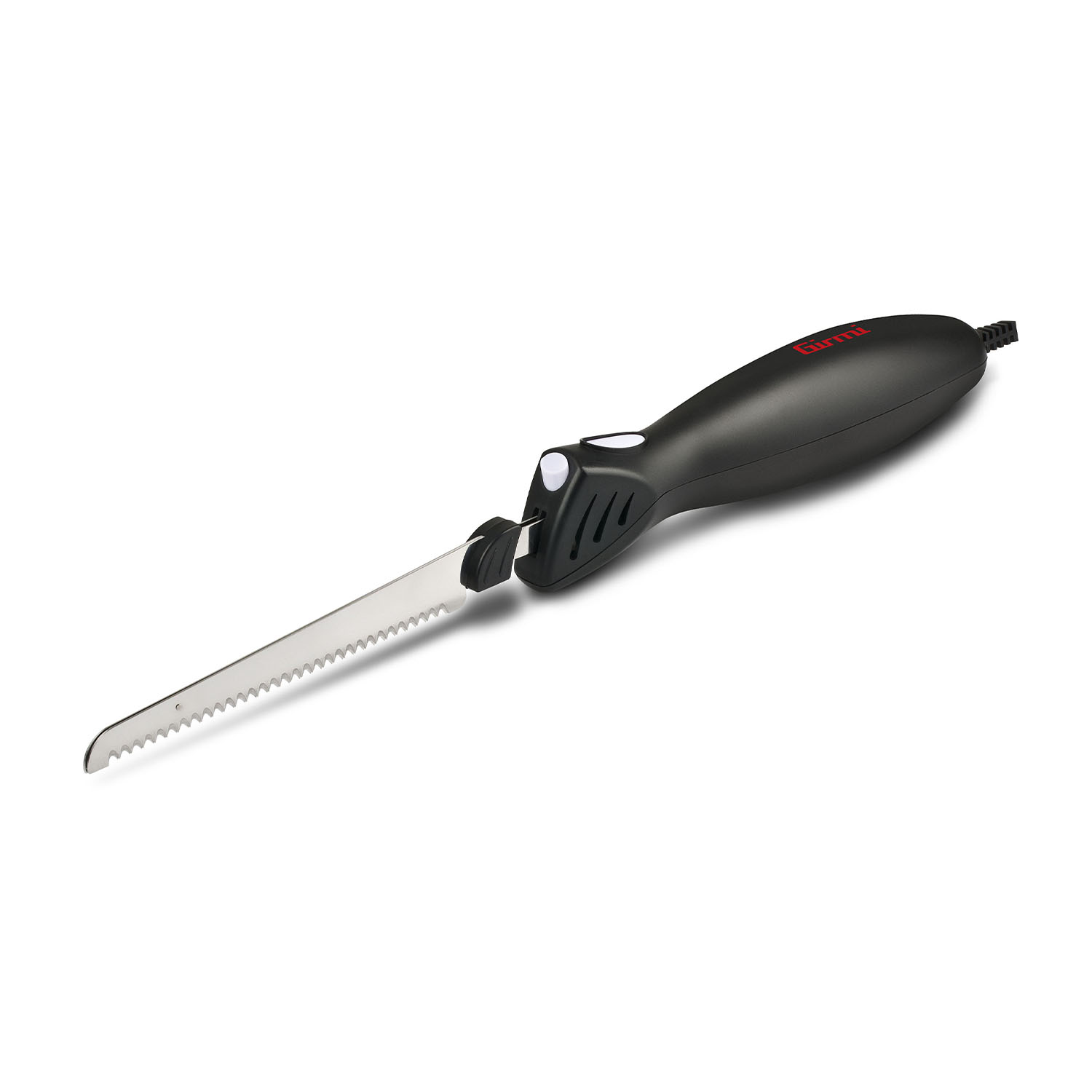 Schwarzes elektrisches Messer mit gezackter Klinge und rotem Logo.