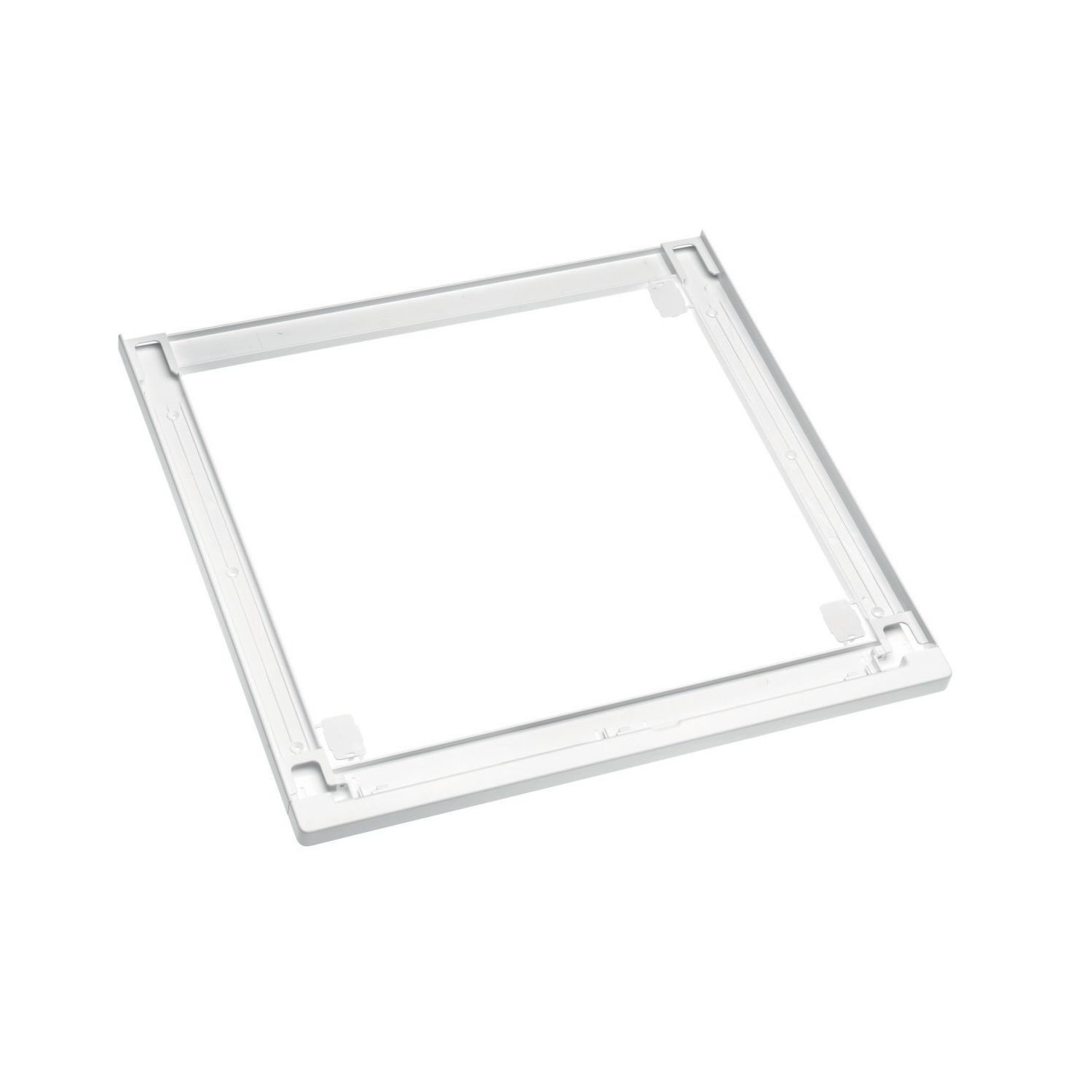Un cadre carré blanc avec des découpes et des points de montage.