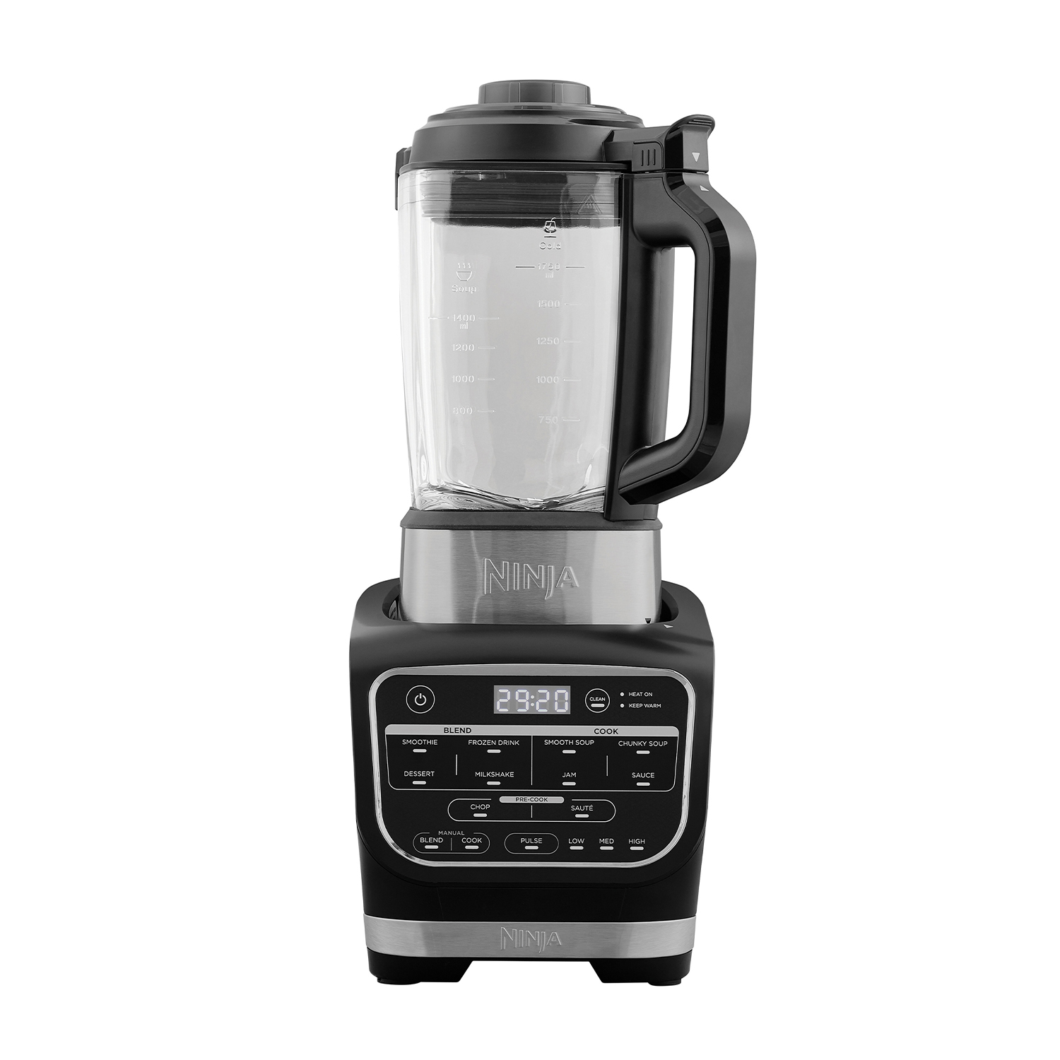 Cam sürahili ve dijital kontrol panelli siyah Ninja blender.