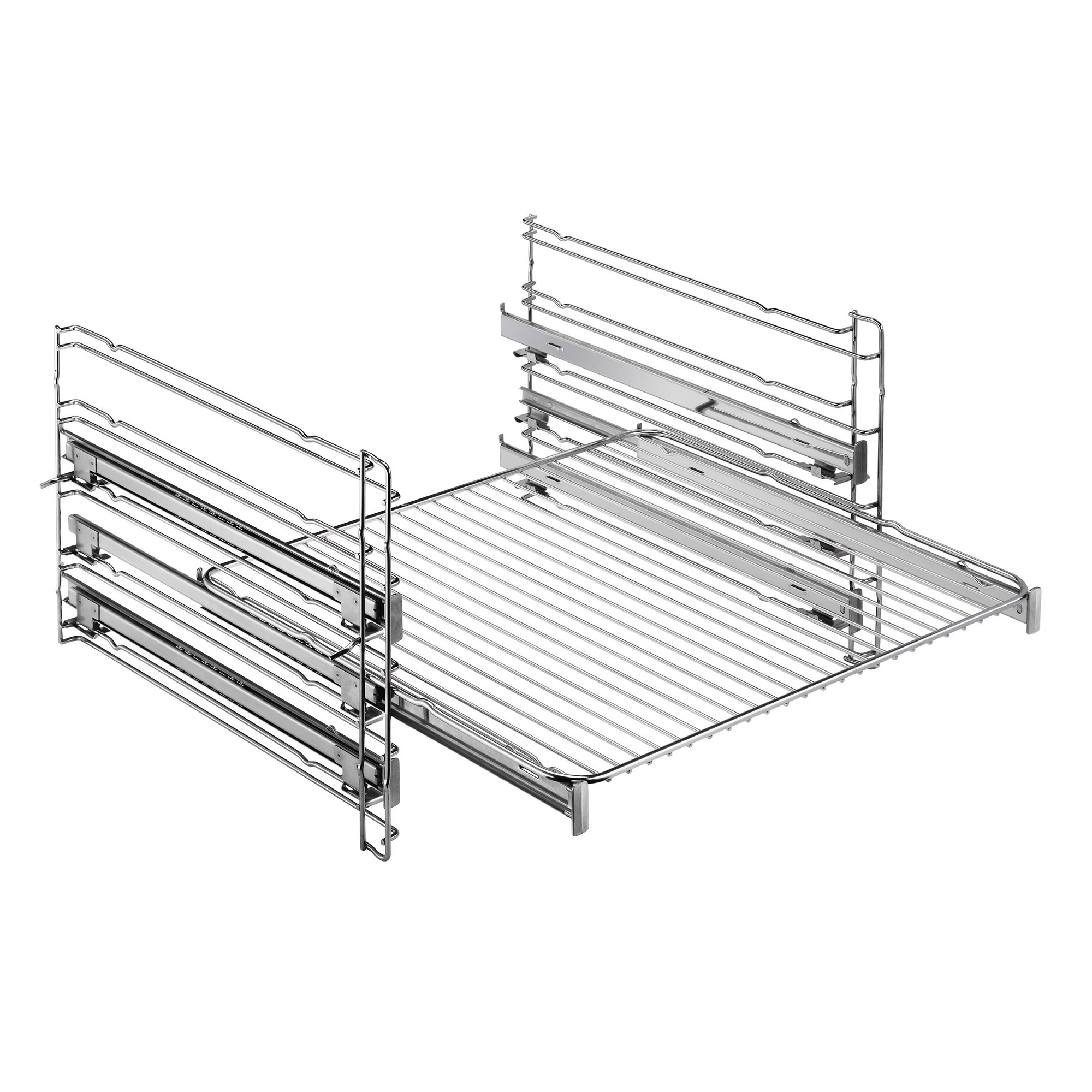 Wielopoziomowy wysuwany kosz druciany z szynami teleskopowymi.