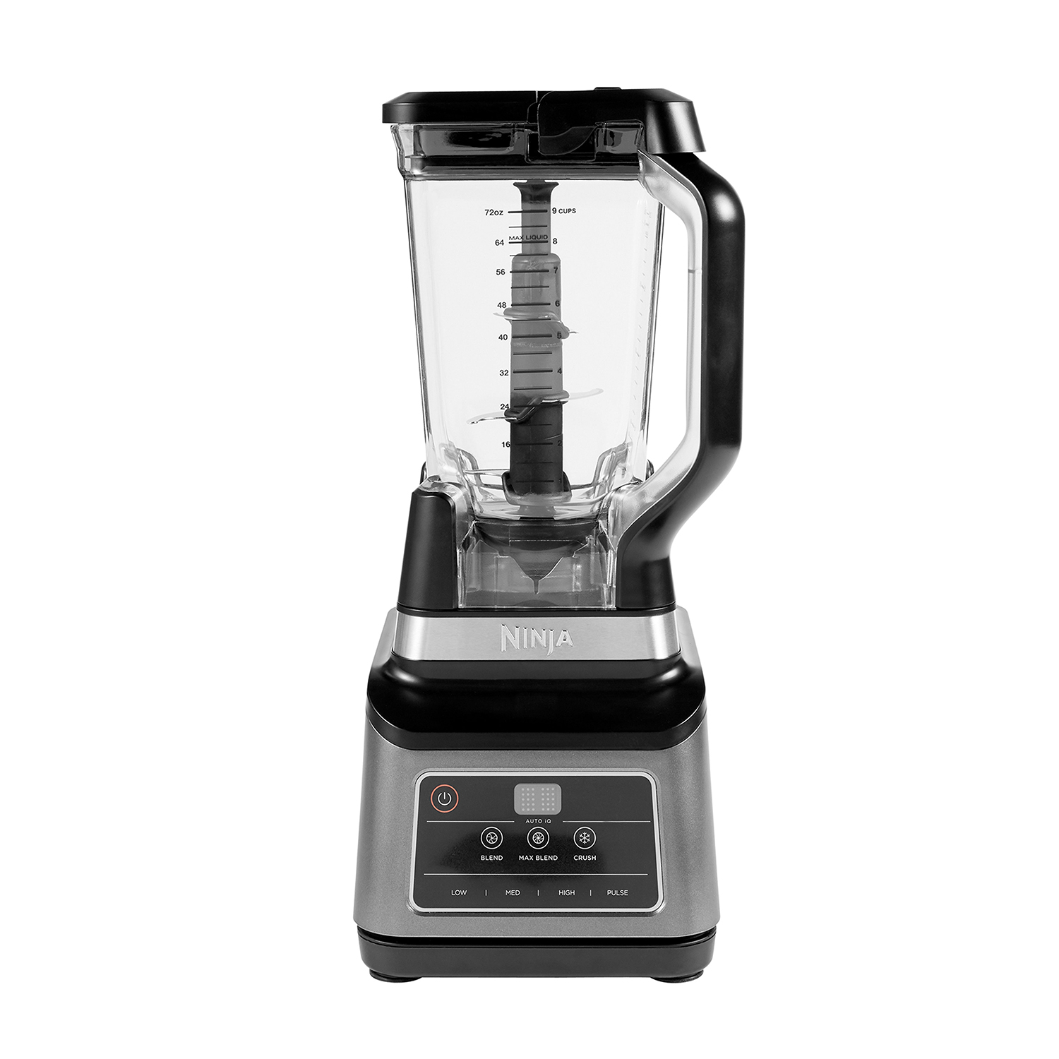 Ein silberner und schwarzer Ninja-Standmixer mit transparentem Krug und Bedienfeld.