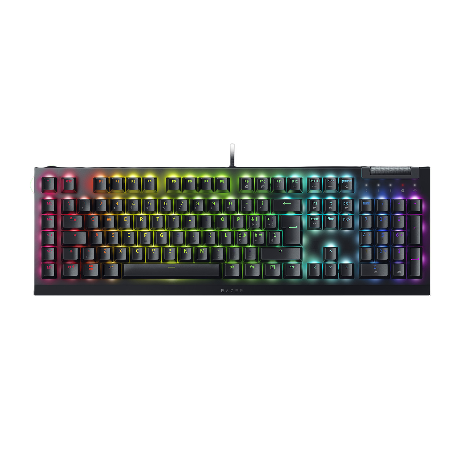 Tastiera nera con illuminazione RGB che scorre sui tasti.