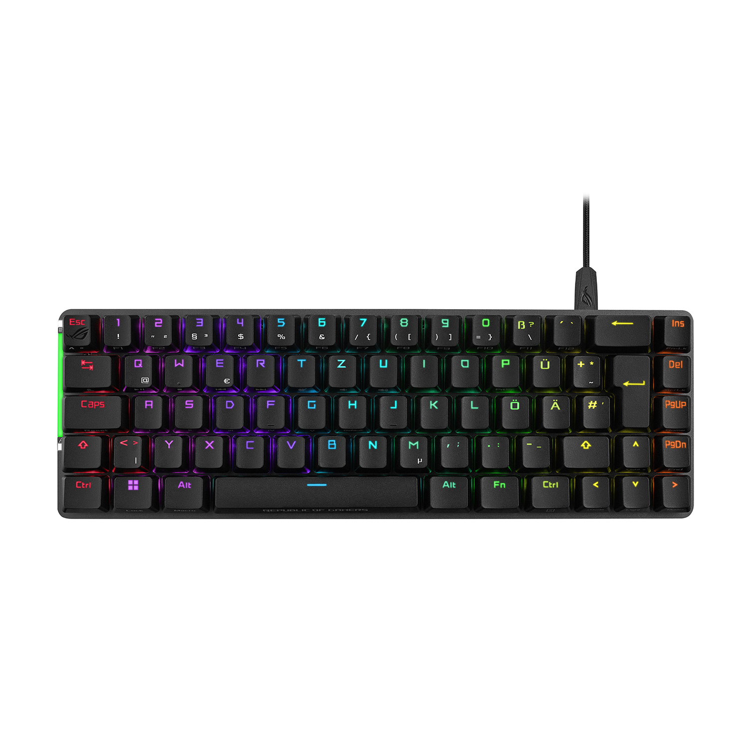 Una tastiera meccanica da gioco nera con illuminazione RGB e cavo nero.
