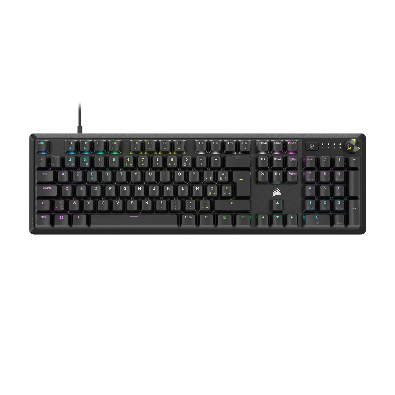 Una tastiera meccanica nera con illuminazione RGB e un cavo.