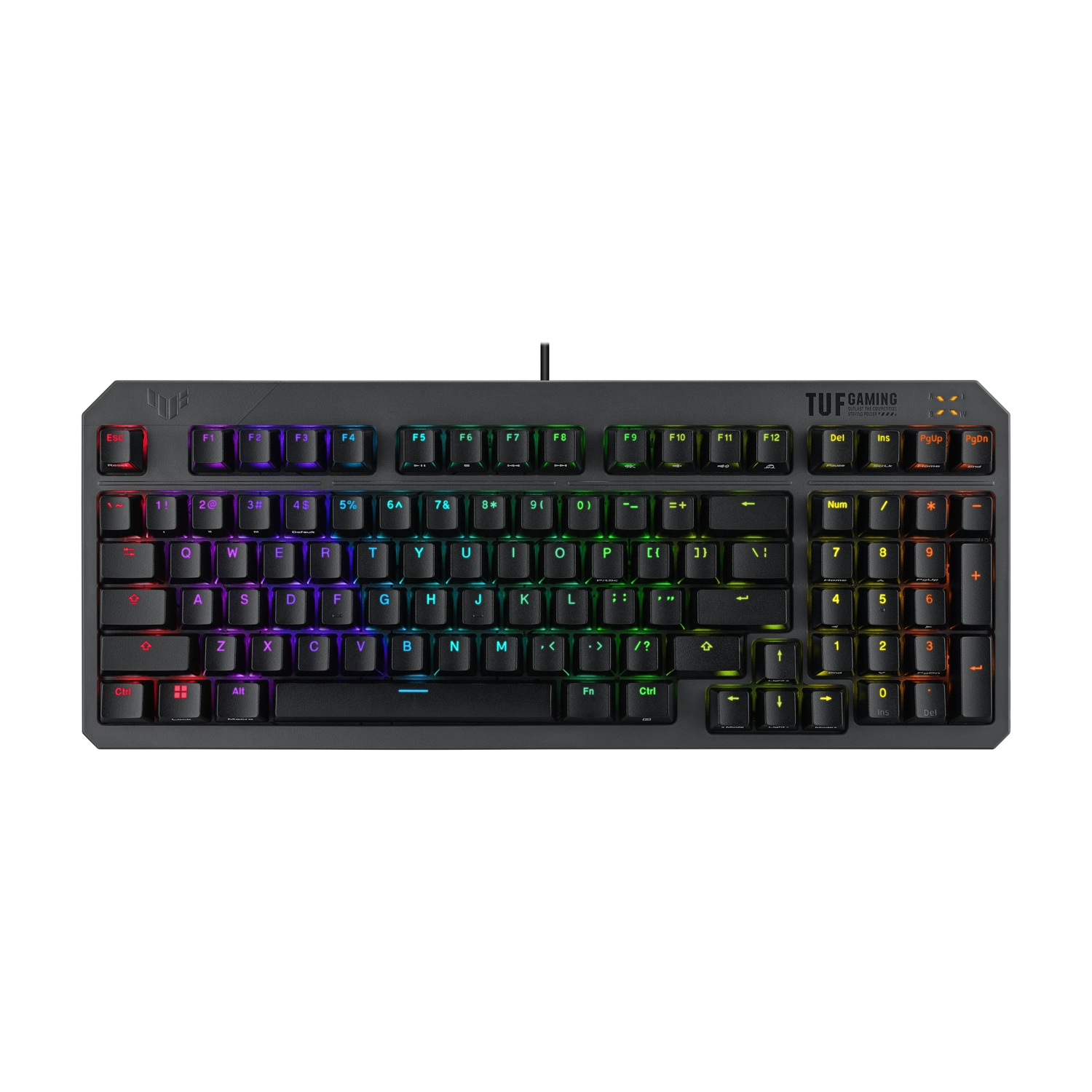 Una tastiera meccanica nera TUF Gaming con illuminazione RGB, vista dall'alto.