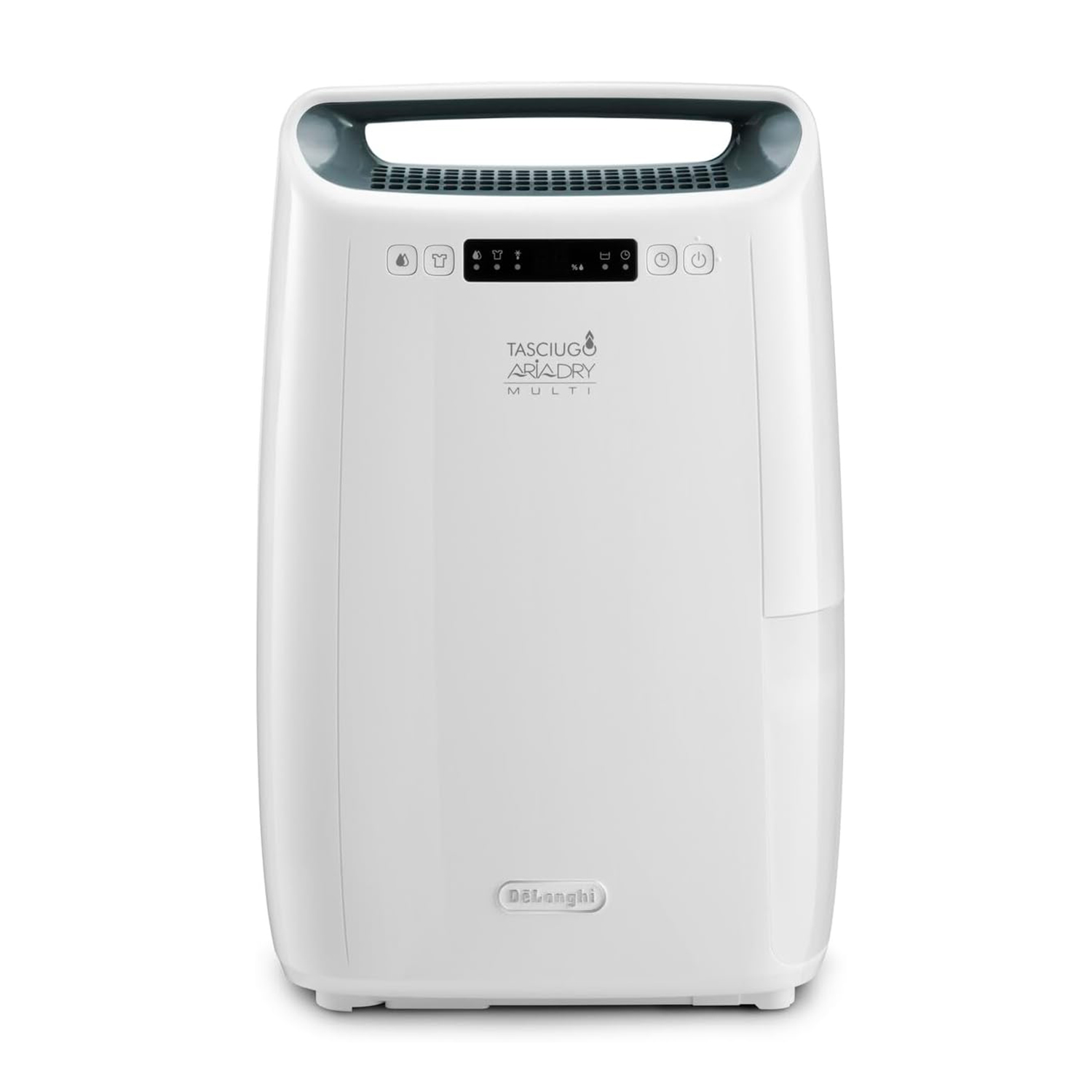 A white DeLonghi dehumidifier with a digital display and a handle.