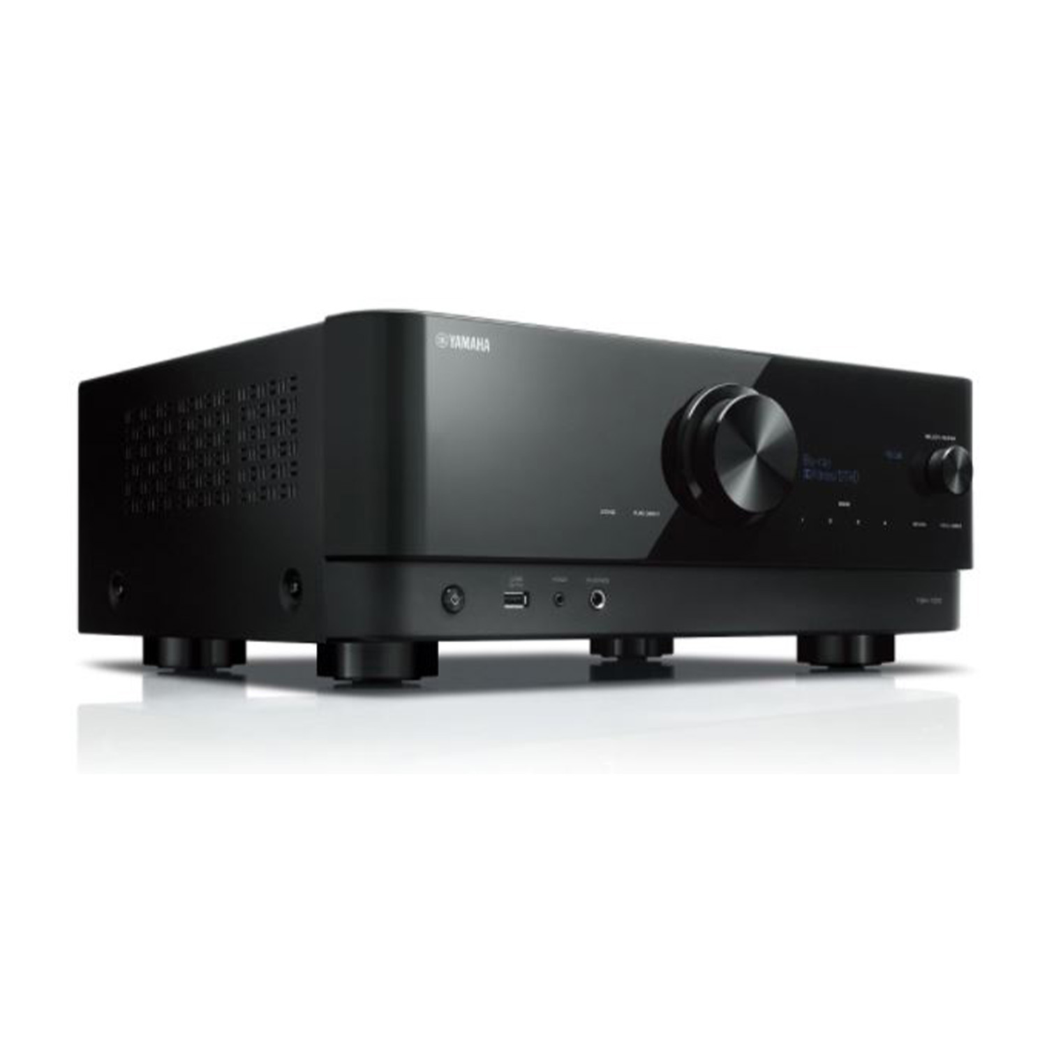 Schwarzer Yamaha AV-Receiver mit großer Drehscheibe und kleinem Bildschirm.