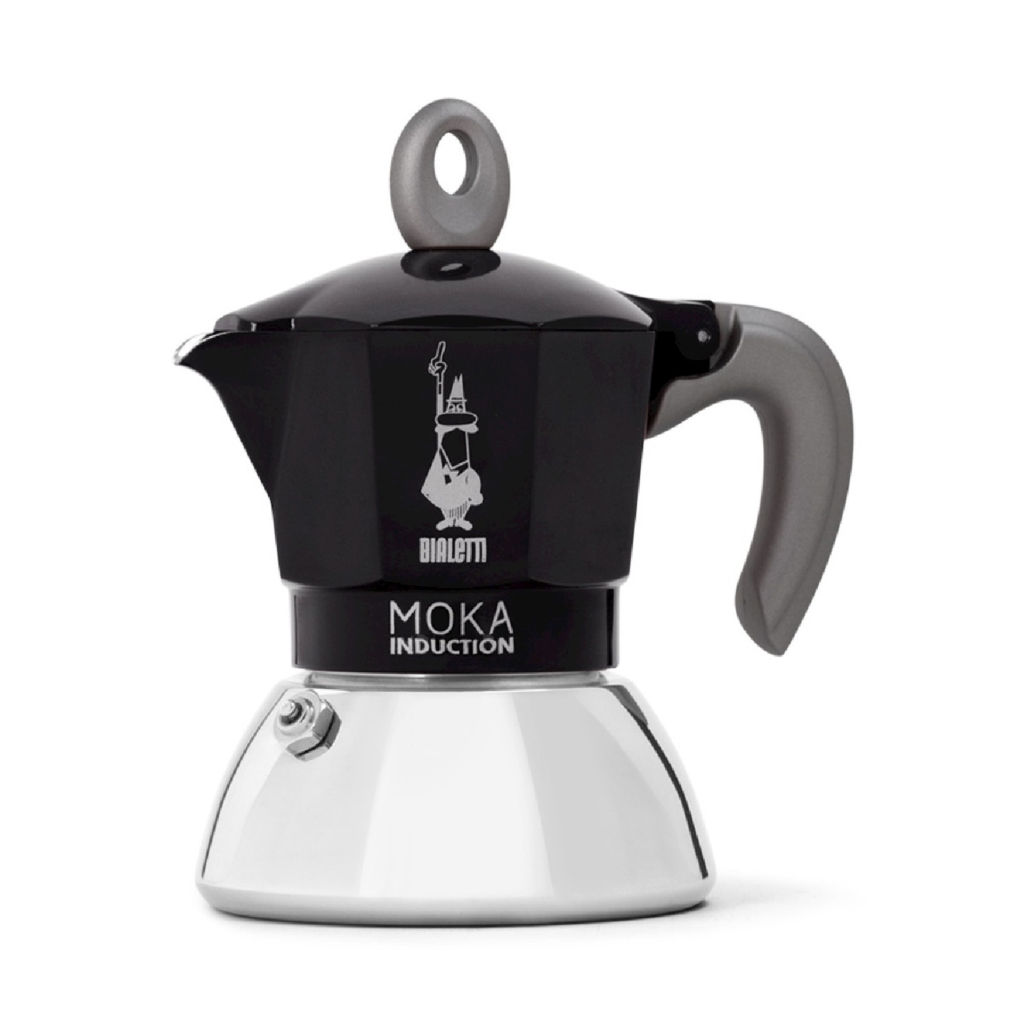 Cafetera italiana Bialetti Moka induction negra, base plateada y asa gris.