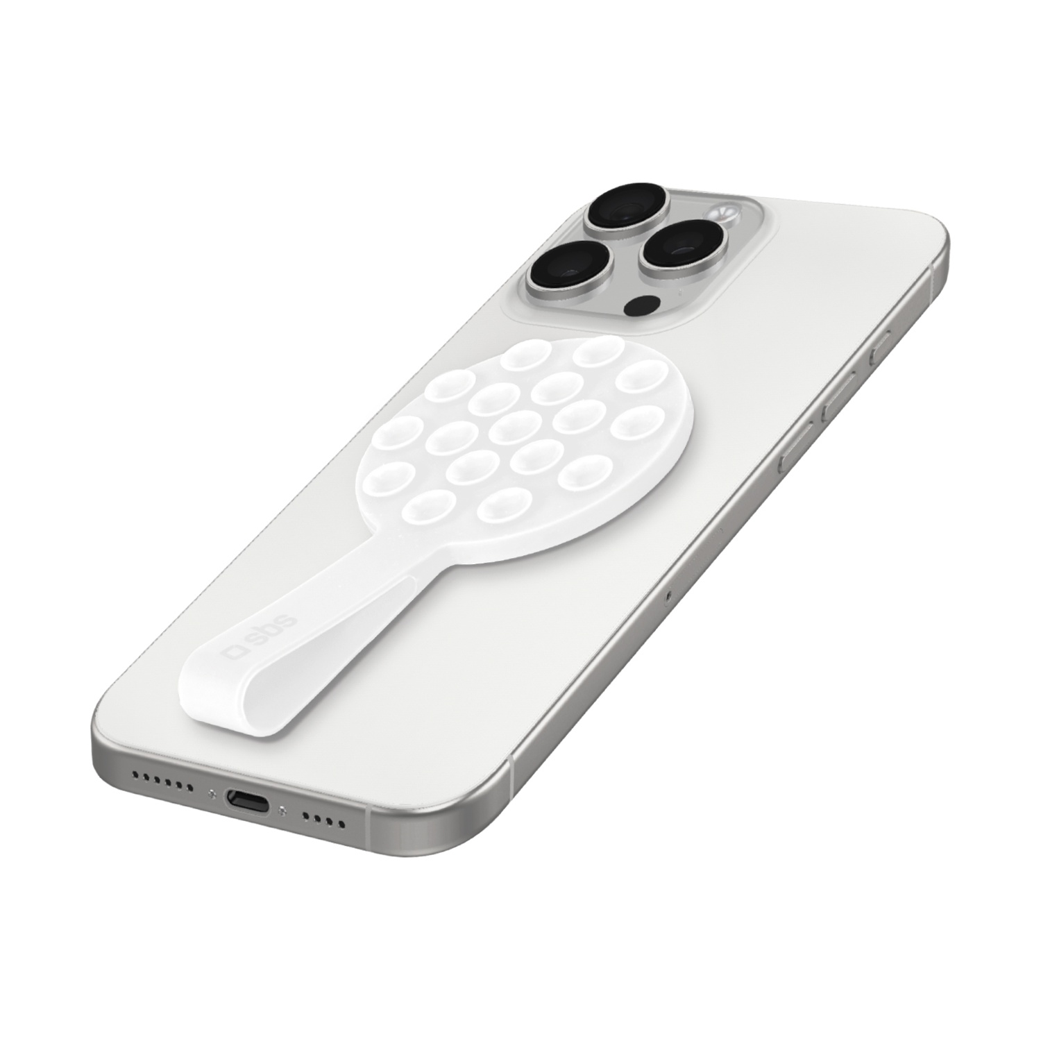 Uno smartphone bianco con un supporto bianco attaccato sul retro.