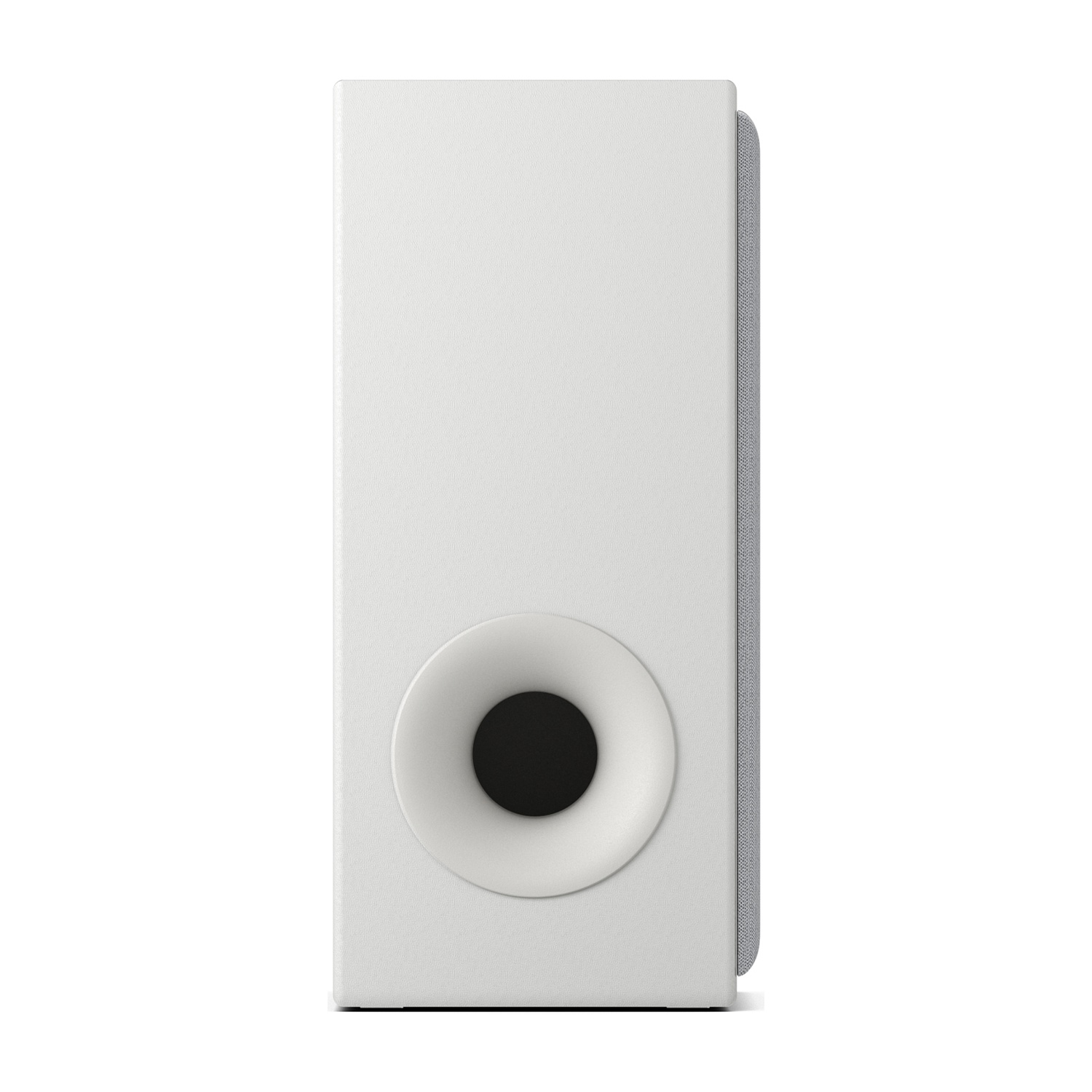 Subwoofer bianco con porta bass reflex e griglia in tessuto a destra.