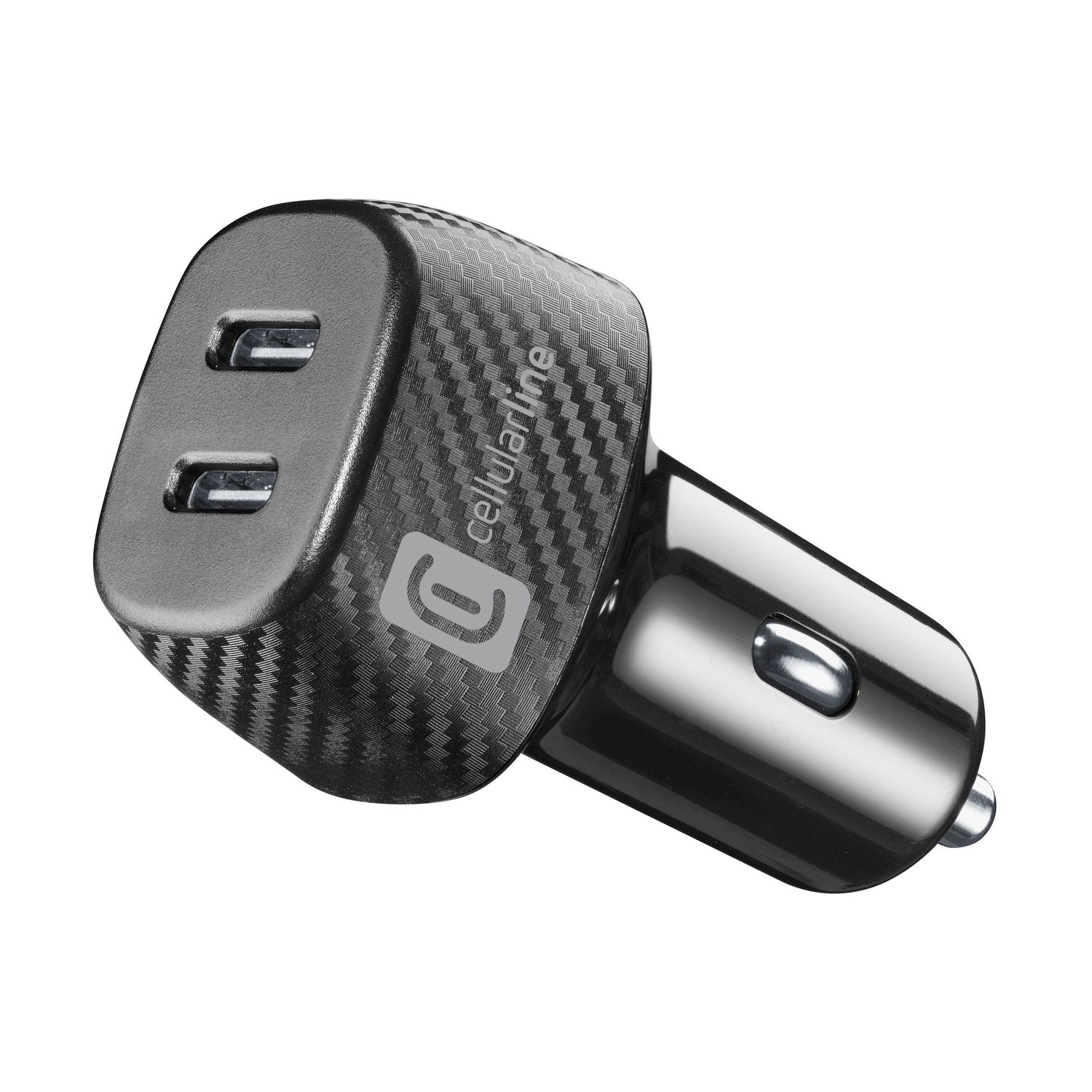 Un adattatore USB per auto nero con due porte e motivo in fibra di carbonio.
