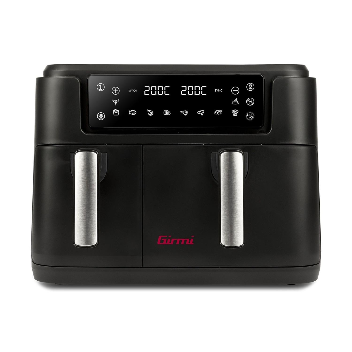 Friggitrice ad aria nera a doppio cestello con display digitale a 200 gradi.