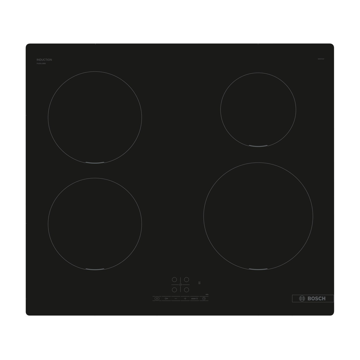 Placa de inducción negra con cuatro zonas de cocción y controles táctiles.