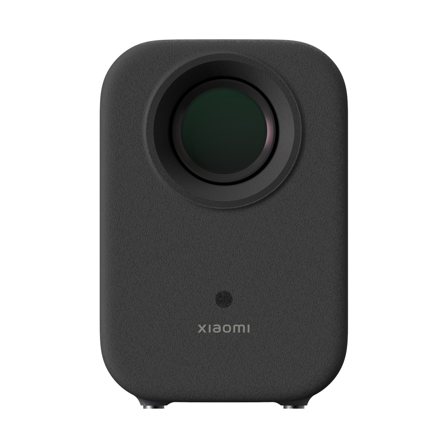 Eine schwarze rechteckige Kamera mit einem Objektiv und dem Xiaomi-Logo.