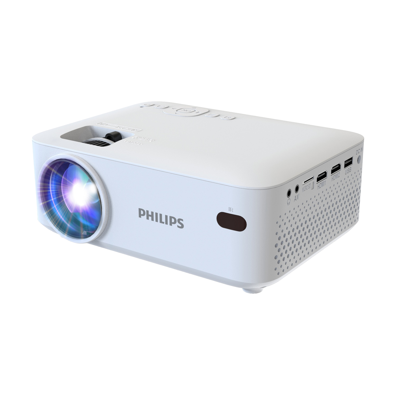 Ein weißer Philips Projektor mit leuchtender Linse und Anschlüssen.