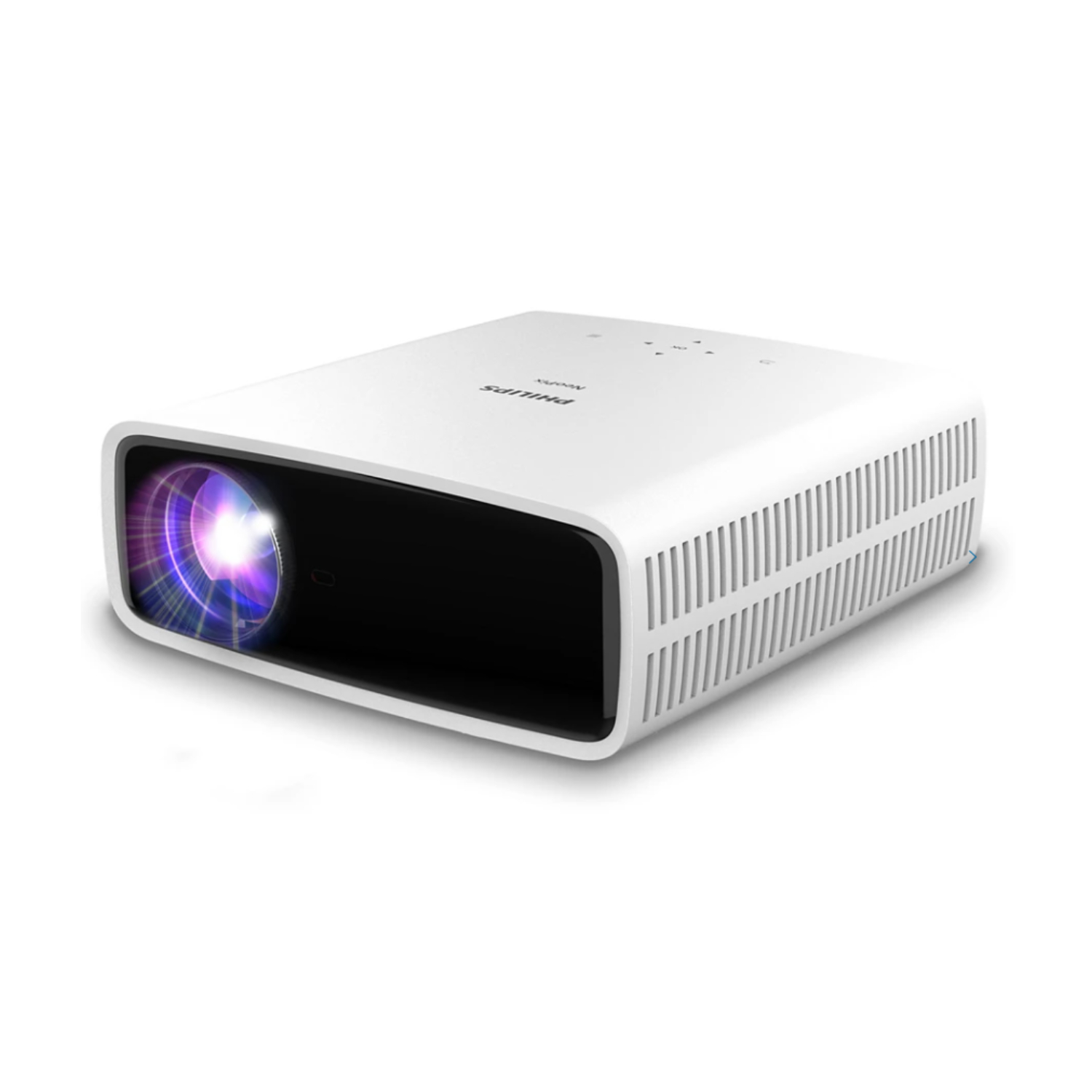 Ein weißer Philips PicoPix Max Projektor mit leuchtender Linse, auf weißem Hintergrund.