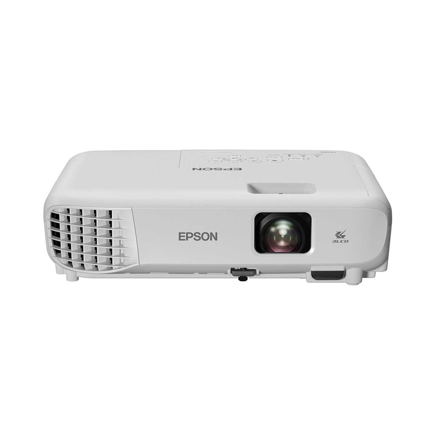 Ein weißer Epson-Projektor mit Linse und Lüftungsschlitzen.