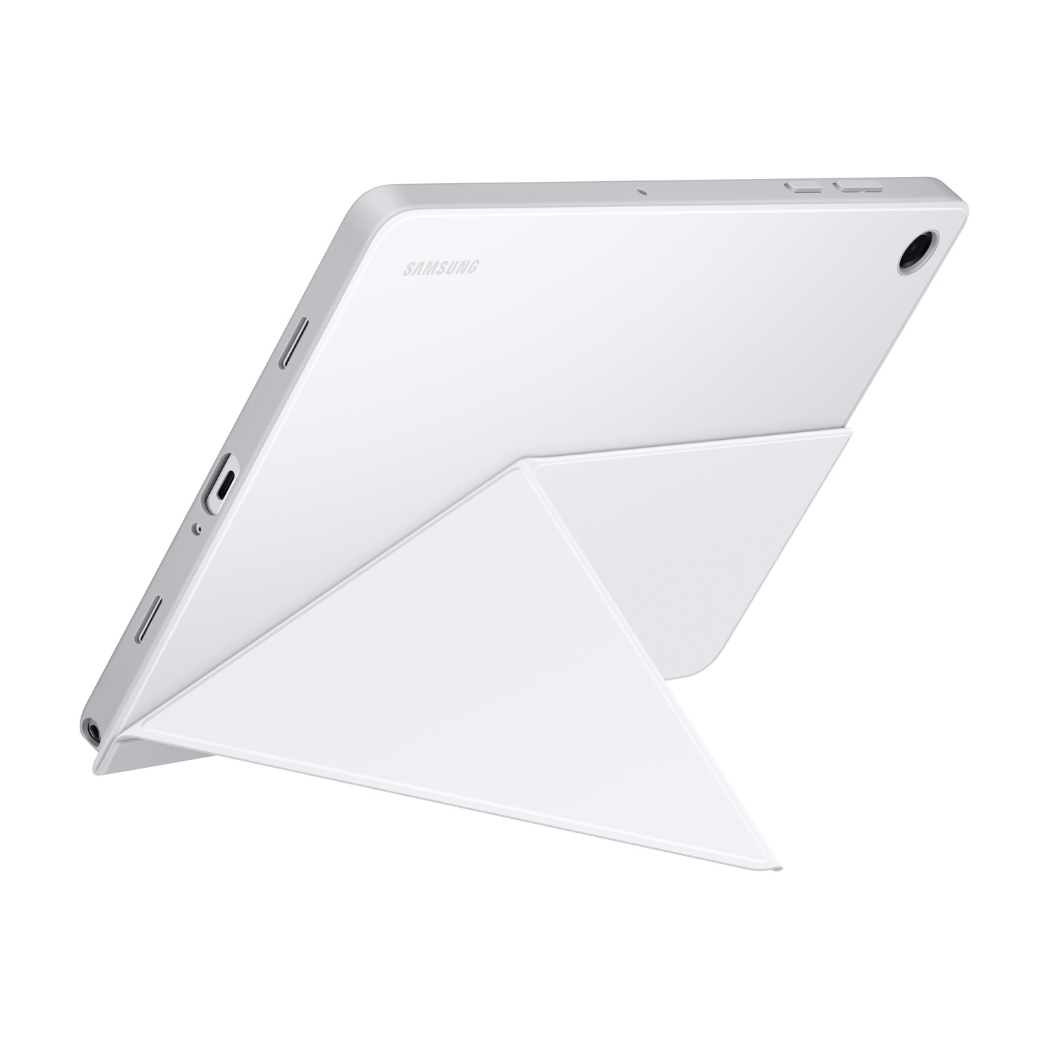 Ein weißes Samsung-Tablet mit einer weißen Hülle, die als Ständer dient.